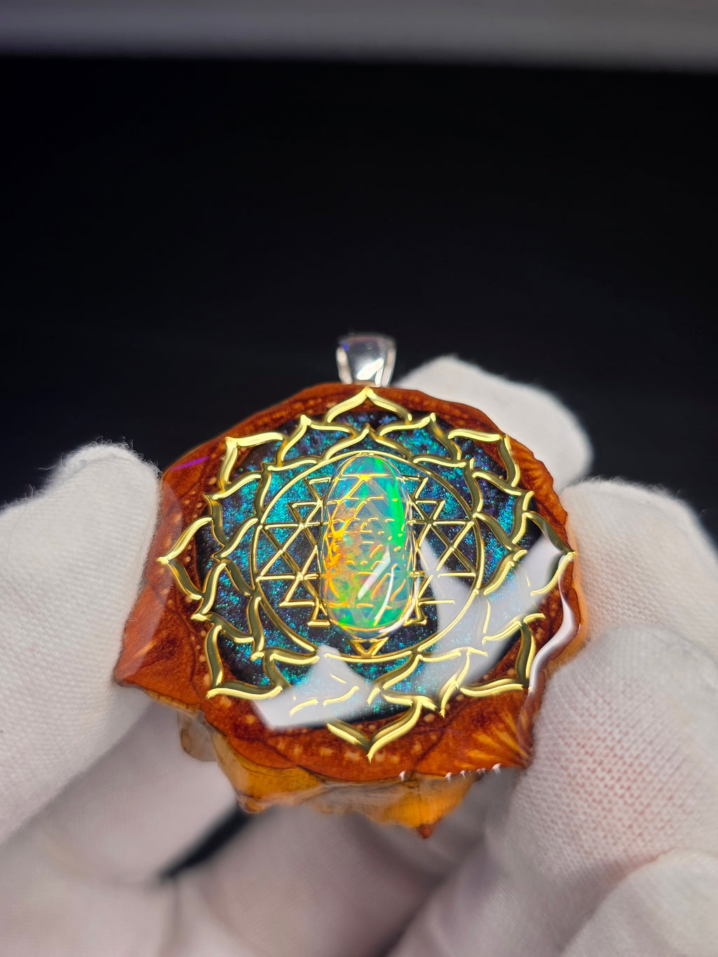 Medium Knobcone Pinecone Sri Yantra Lotus W/ Ethiopian Opal .925 Sterling Silver Bail