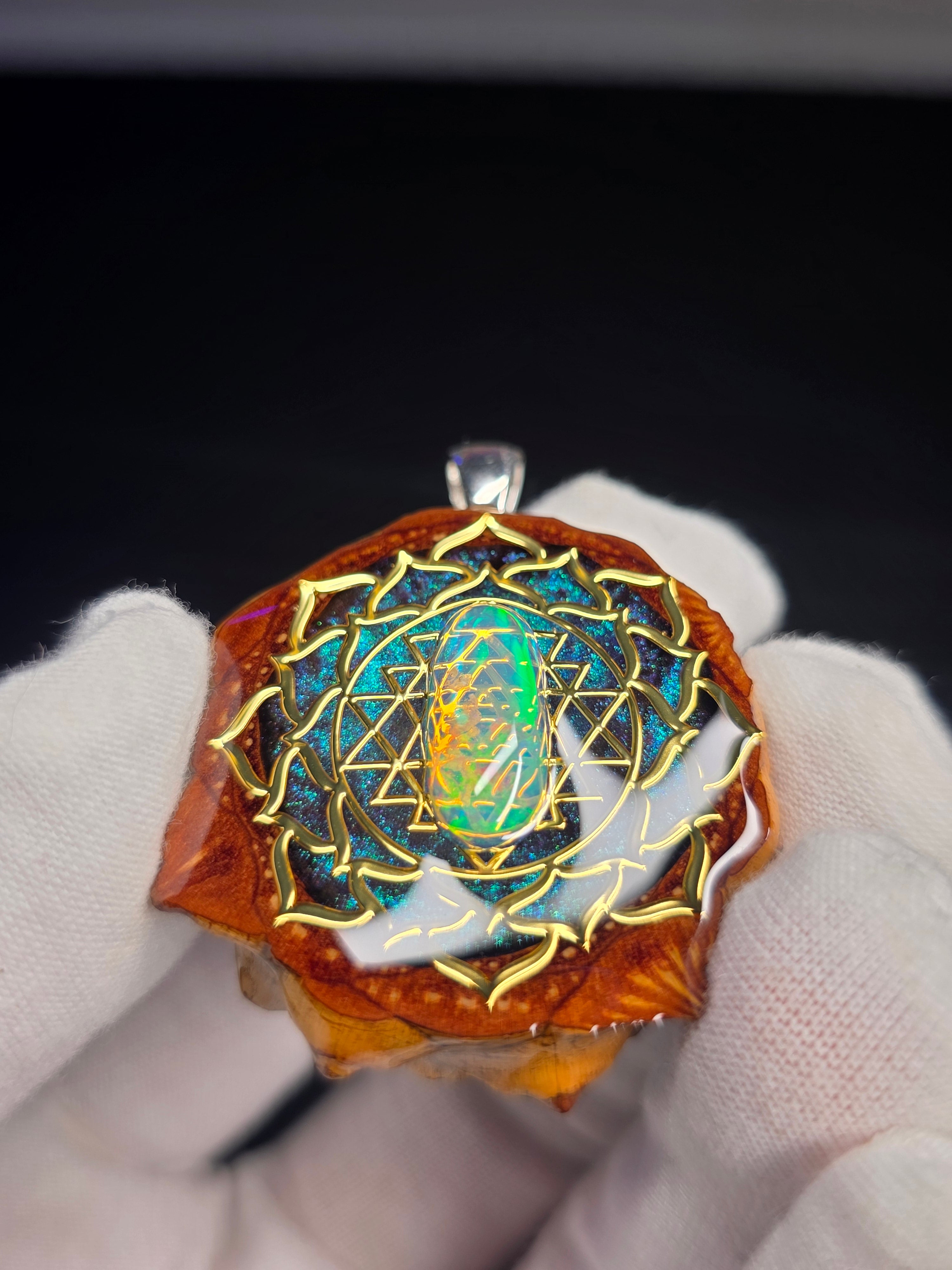 Medium Knobcone Pinecone Sri Yantra Lotus W/ Ethiopian Opal .925 Sterling Silver Bail