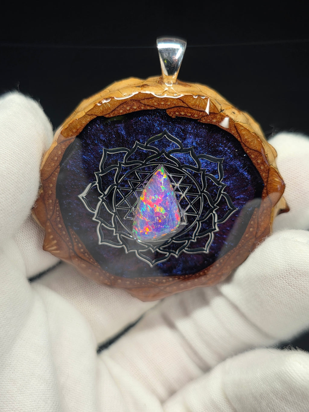 Large Knobcone Pinecone Sri Yantra Lotus W/ Bello Opal .925 Sterling Silver Bail