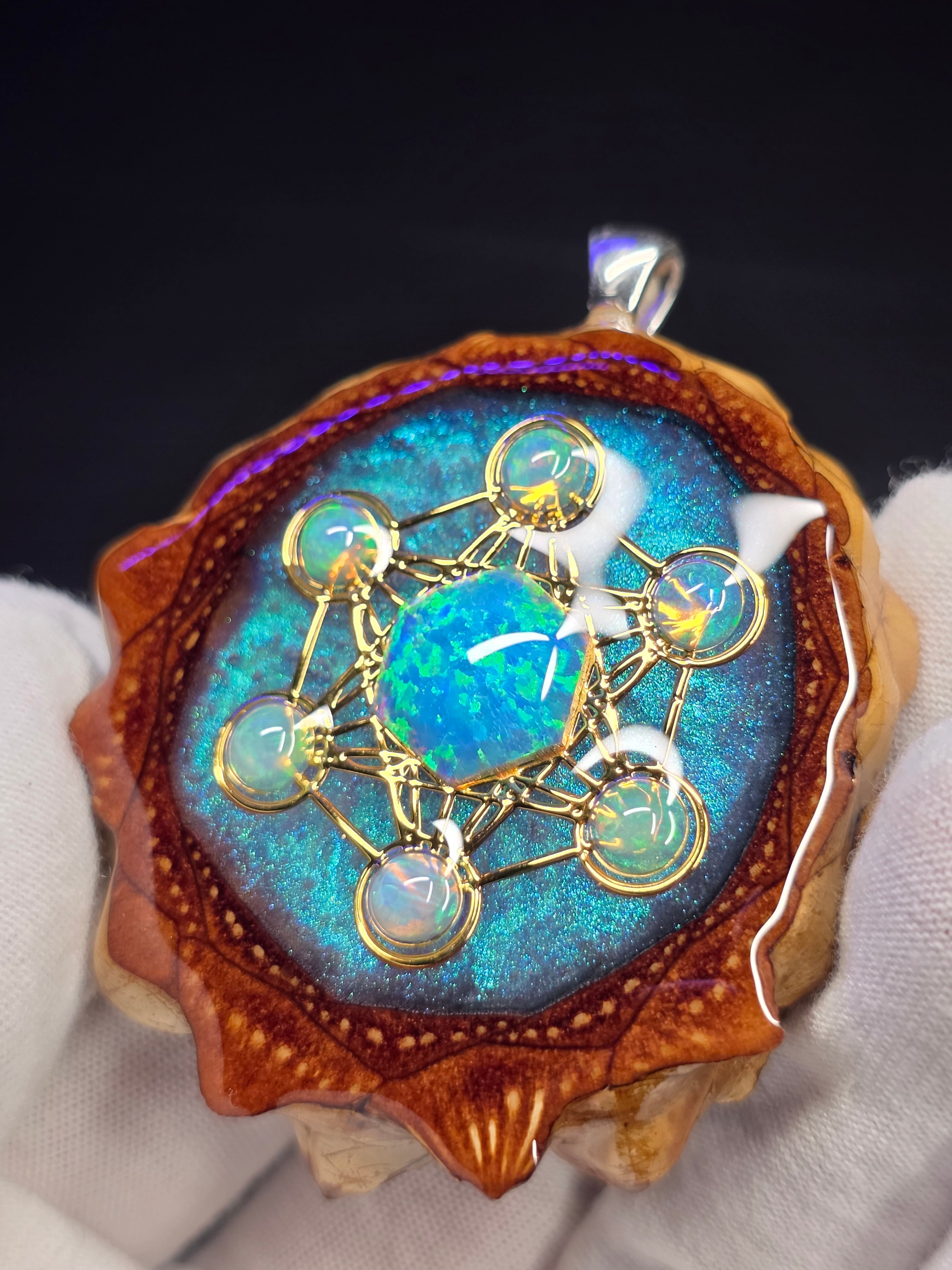 X-Large Knobcone Pinecone Metatrons Cube W/ Bello Opal hexagon/ Ethiopian Opal Accent .925 Sterling Silver Bail