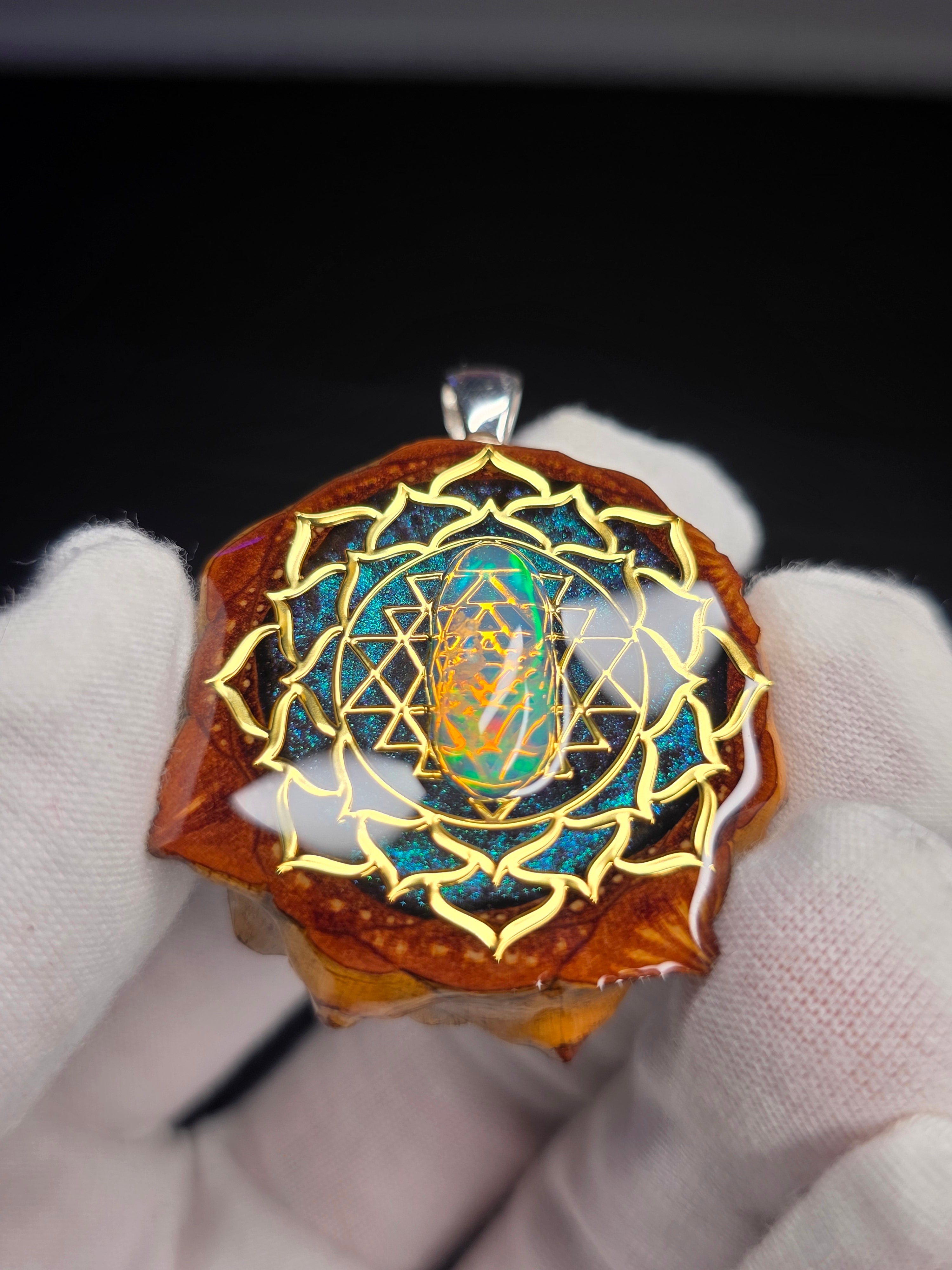 Medium Knobcone Pinecone Sri Yantra Lotus W/ Ethiopian Opal .925 Sterling Silver Bail