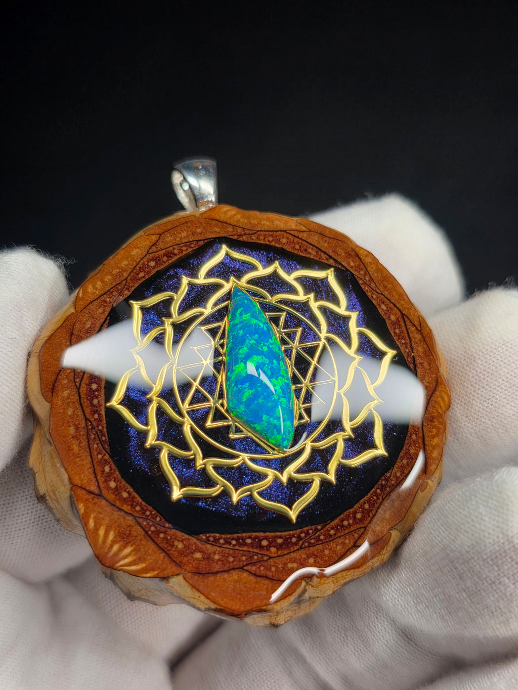 Large Knobcone Pinecone Sri Yantra Lotus W/ Bello Opal .925 Sterling Silver Bail