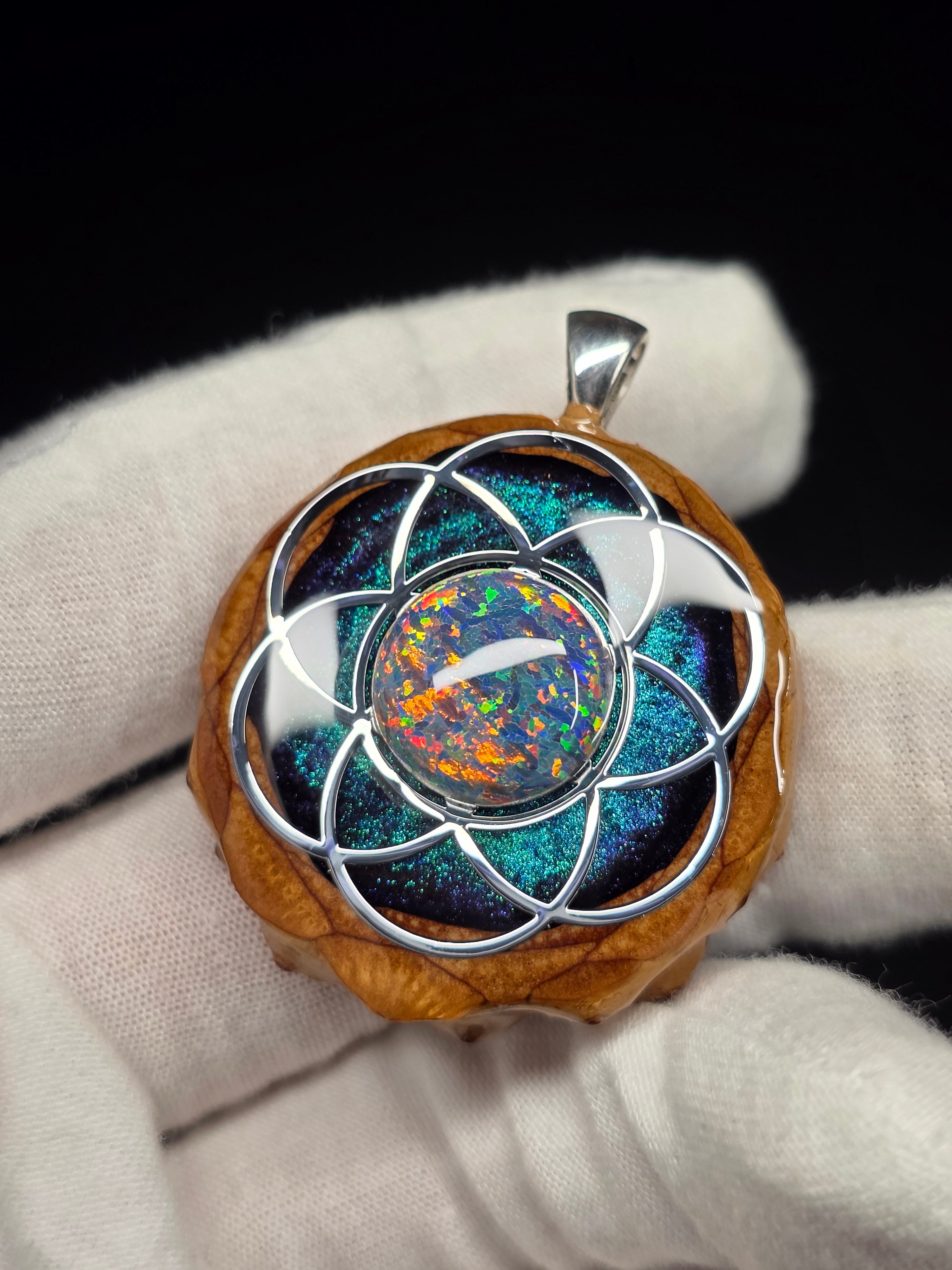 Medium Knobcone Pinecone Seed Of Life W/ Bello Opal .925 Sterling Silver Bail