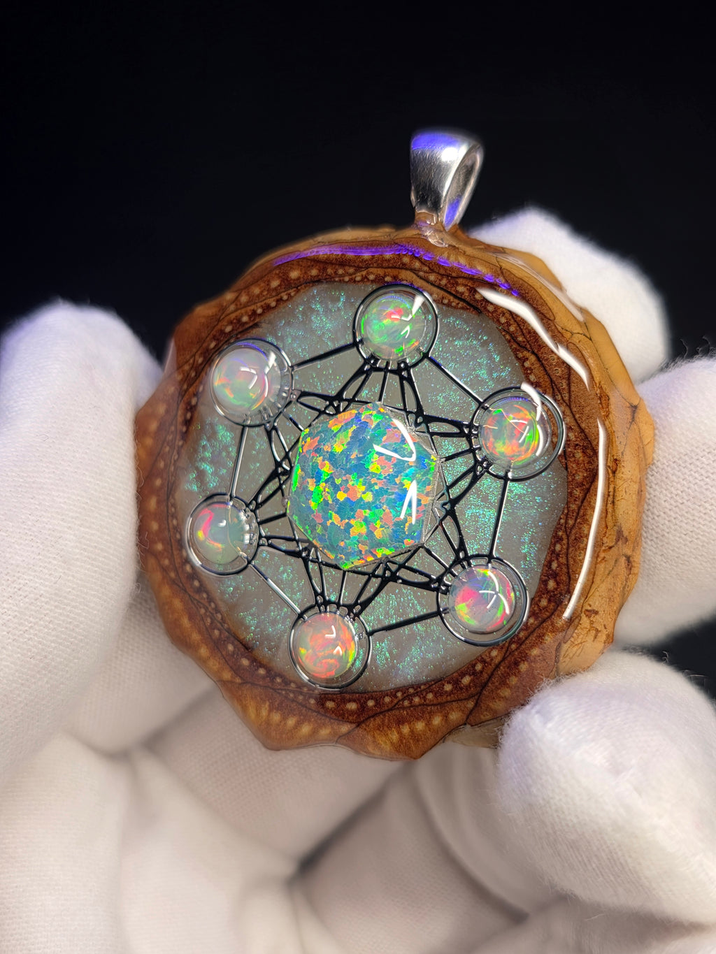 (GLOW)Large Knobcone Pinecone Metatrons Cube W/ Bello Opal hexagon/ Ethiopian Opal Accent .925 Sterling Silver Bail