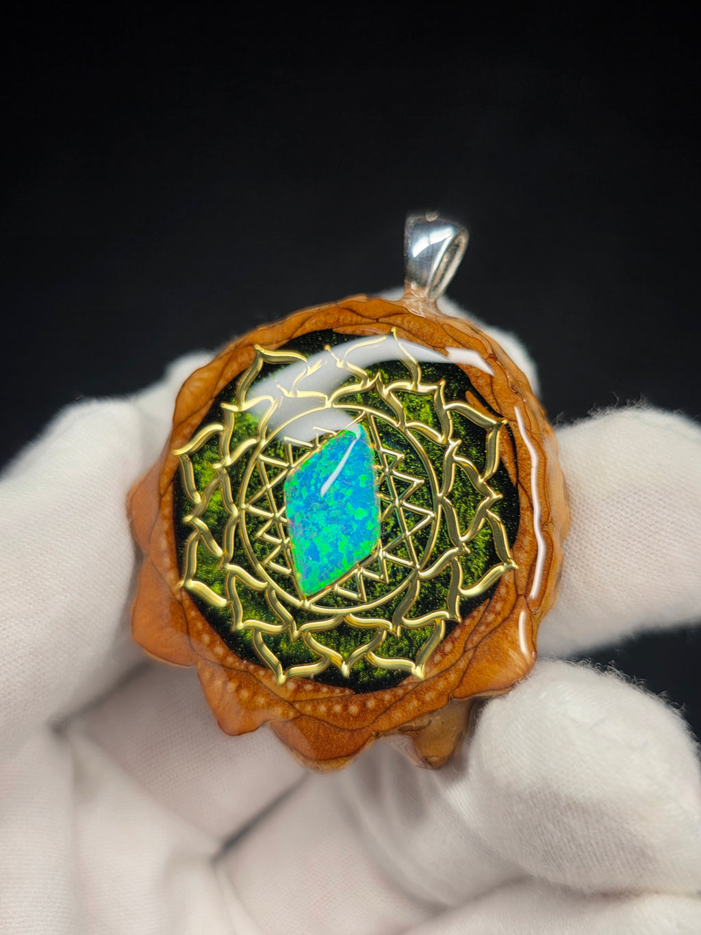 Medium Knobcone Pinecone Sri Yantra Lotus W/ Bello Opal .925 Sterling Silver Bail