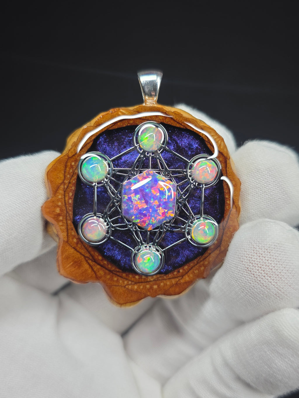 Large Knobcone Pinecone Metatrons Cube W/ Bello Opal hexagon/ Ethiopian Opal Accent .925 Sterling Silver Bail