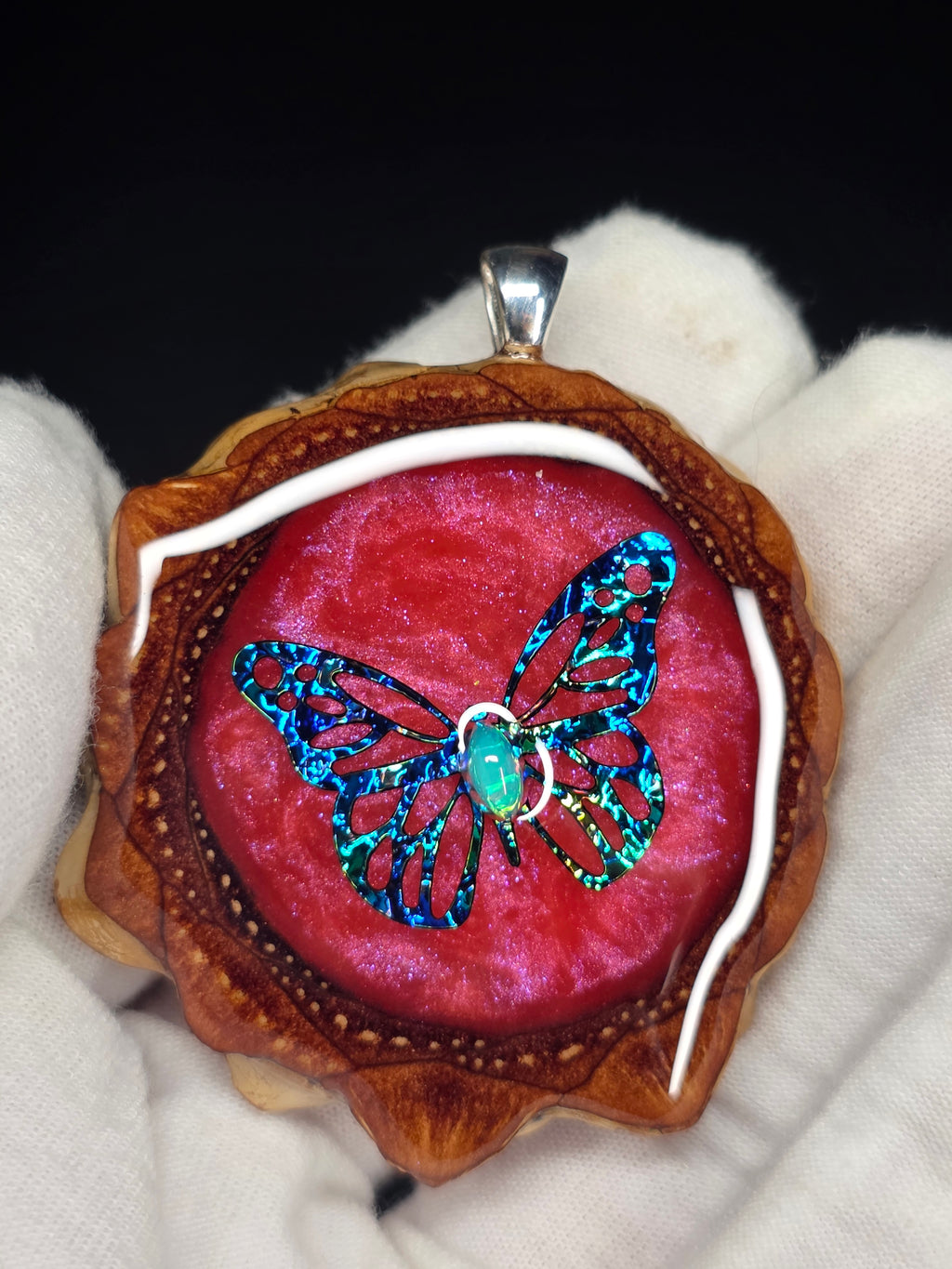 Large Knobcone Pinecone Butterfly W/ Ethiopian Opal .925 Sterling Silver Bail