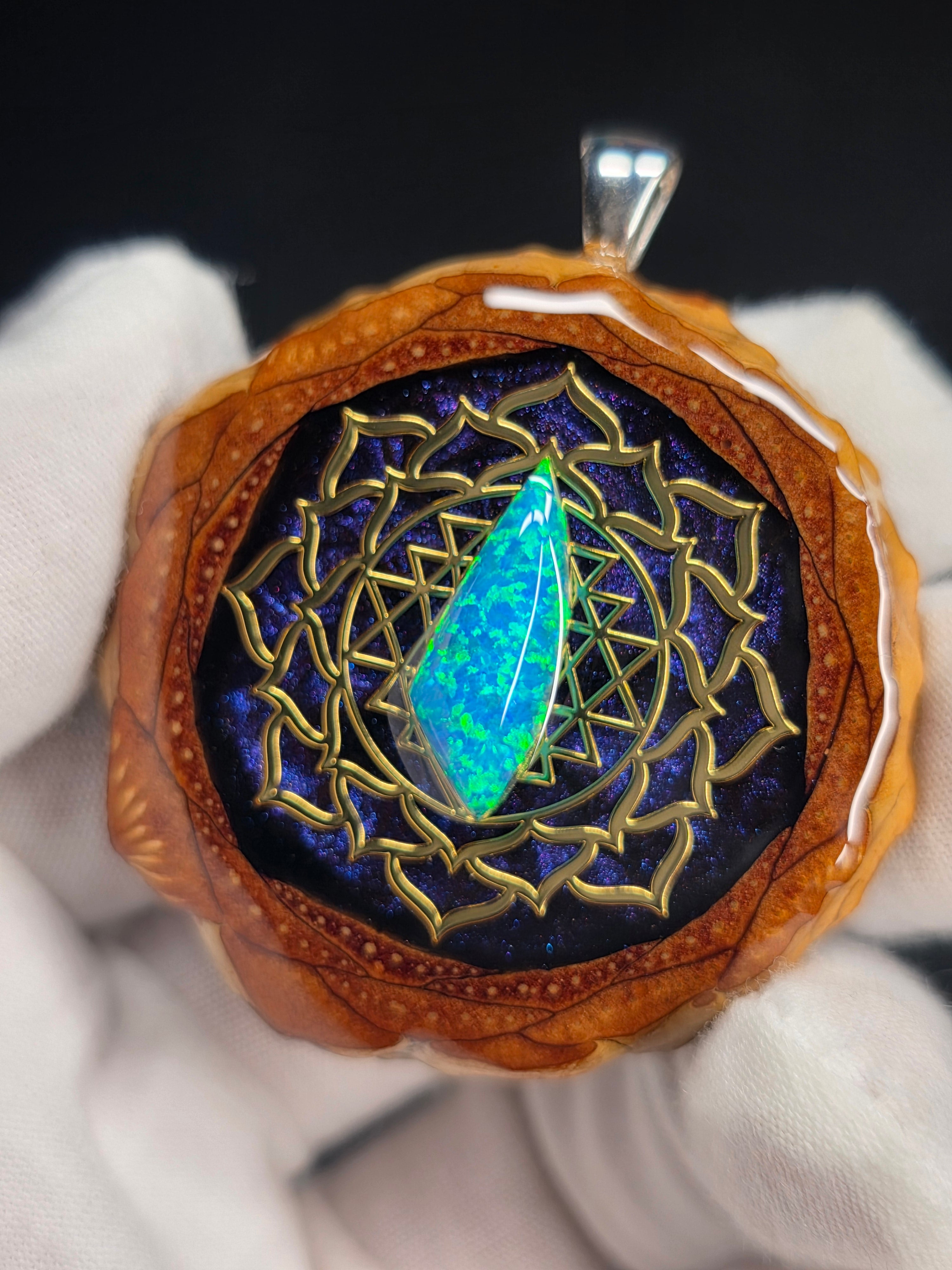 Large Knobcone Pinecone Sri Yantra Lotus W/ Bello Opal .925 Sterling Silver Bail