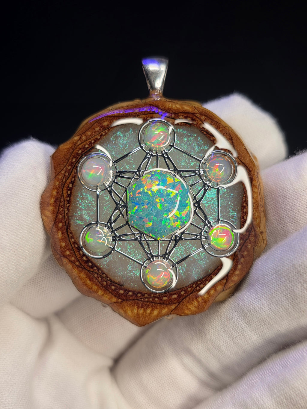 (GLOW)Large Knobcone Pinecone Metatrons Cube W/ Bello Opal hexagon/ Ethiopian Opal Accent .925 Sterling Silver Bail