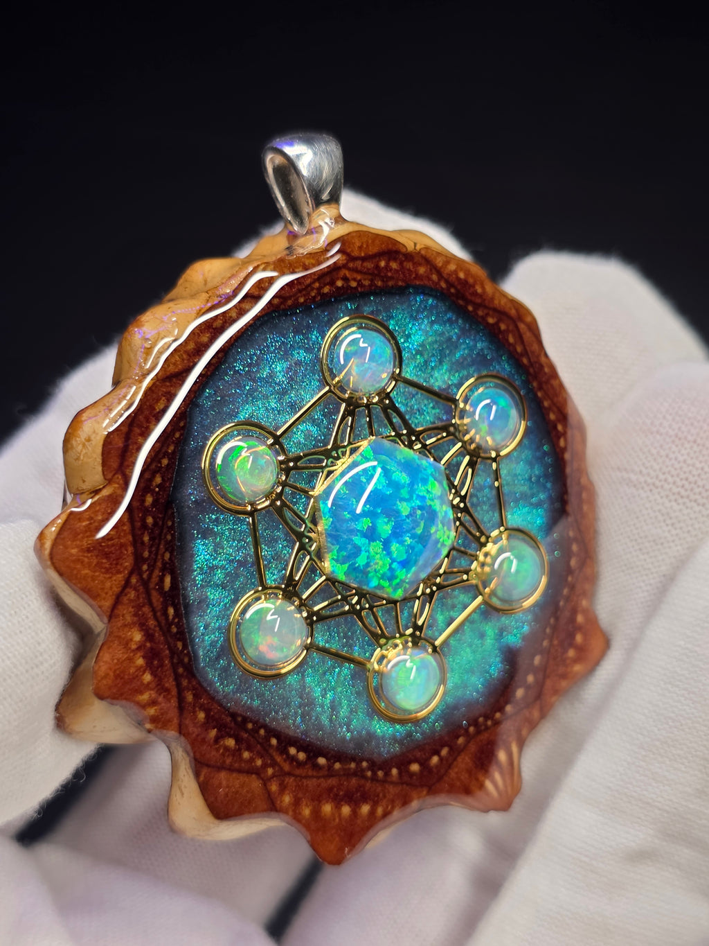 X-Large Knobcone Pinecone Metatrons Cube W/ Bello Opal hexagon/ Ethiopian Opal Accent .925 Sterling Silver Bail