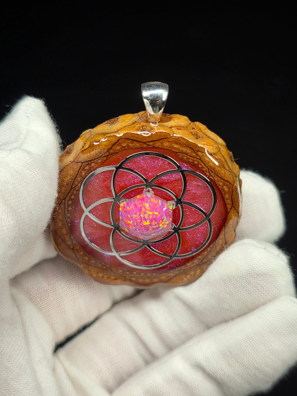 Large Knobcone Pinecone Seed Of Life W/ Bello Opal .925 Sterling Silver Bail