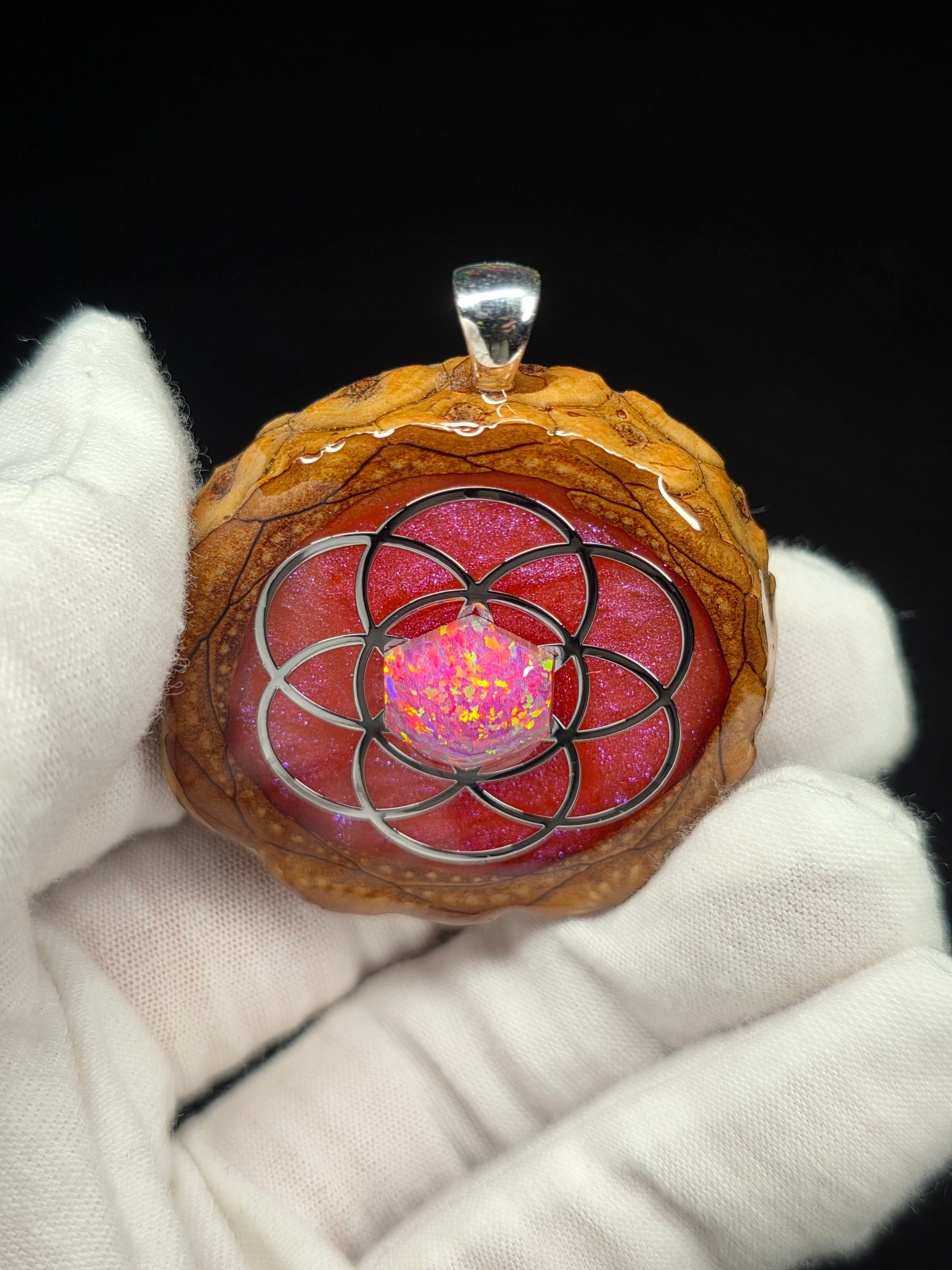 Large Knobcone Pinecone Seed Of Life W/ Bello Opal .925 Sterling Silver Bail