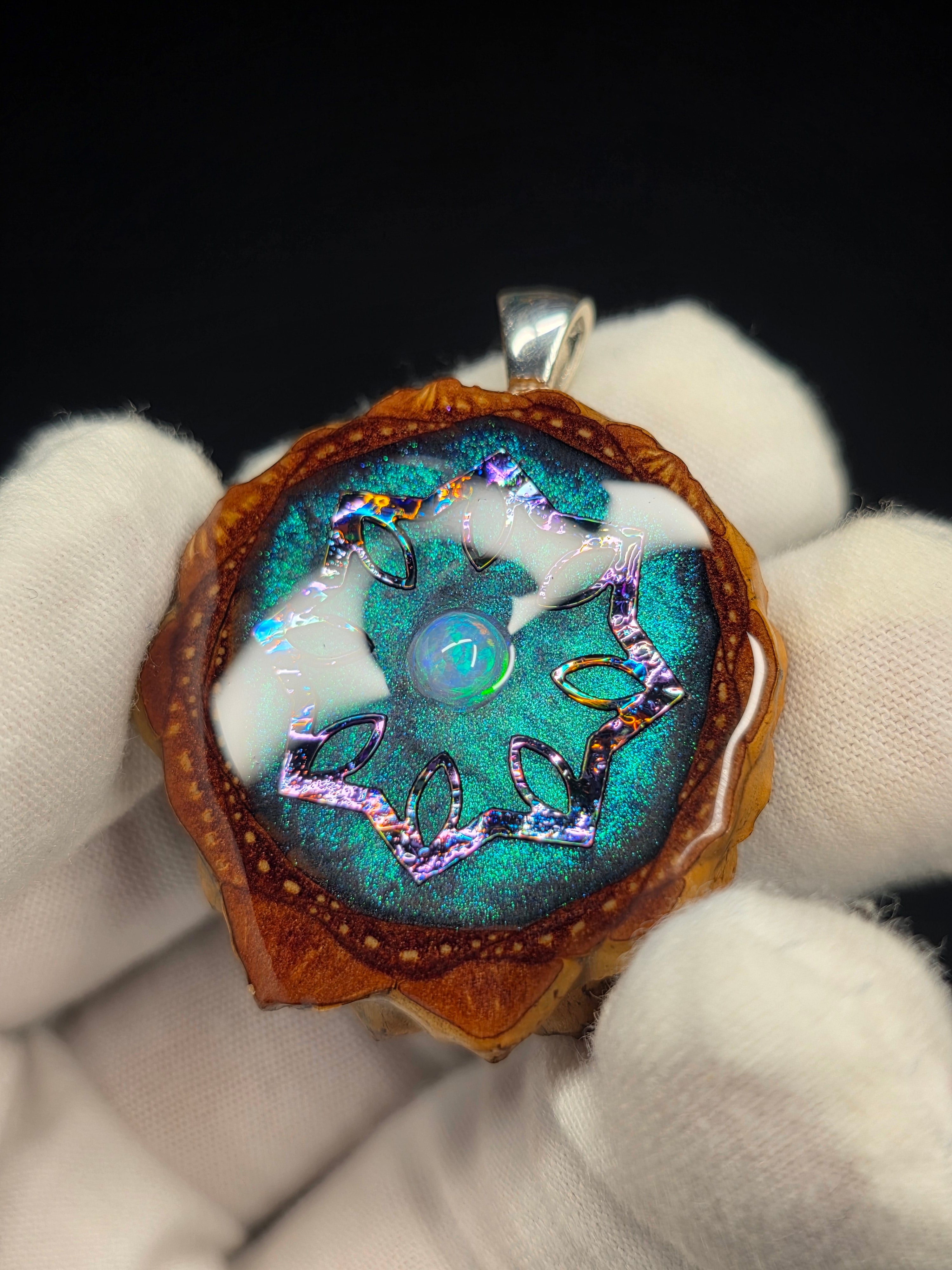 Small Knobcone Pinecone W/ Ethiopian Opal .925 Sterling Silver Bail