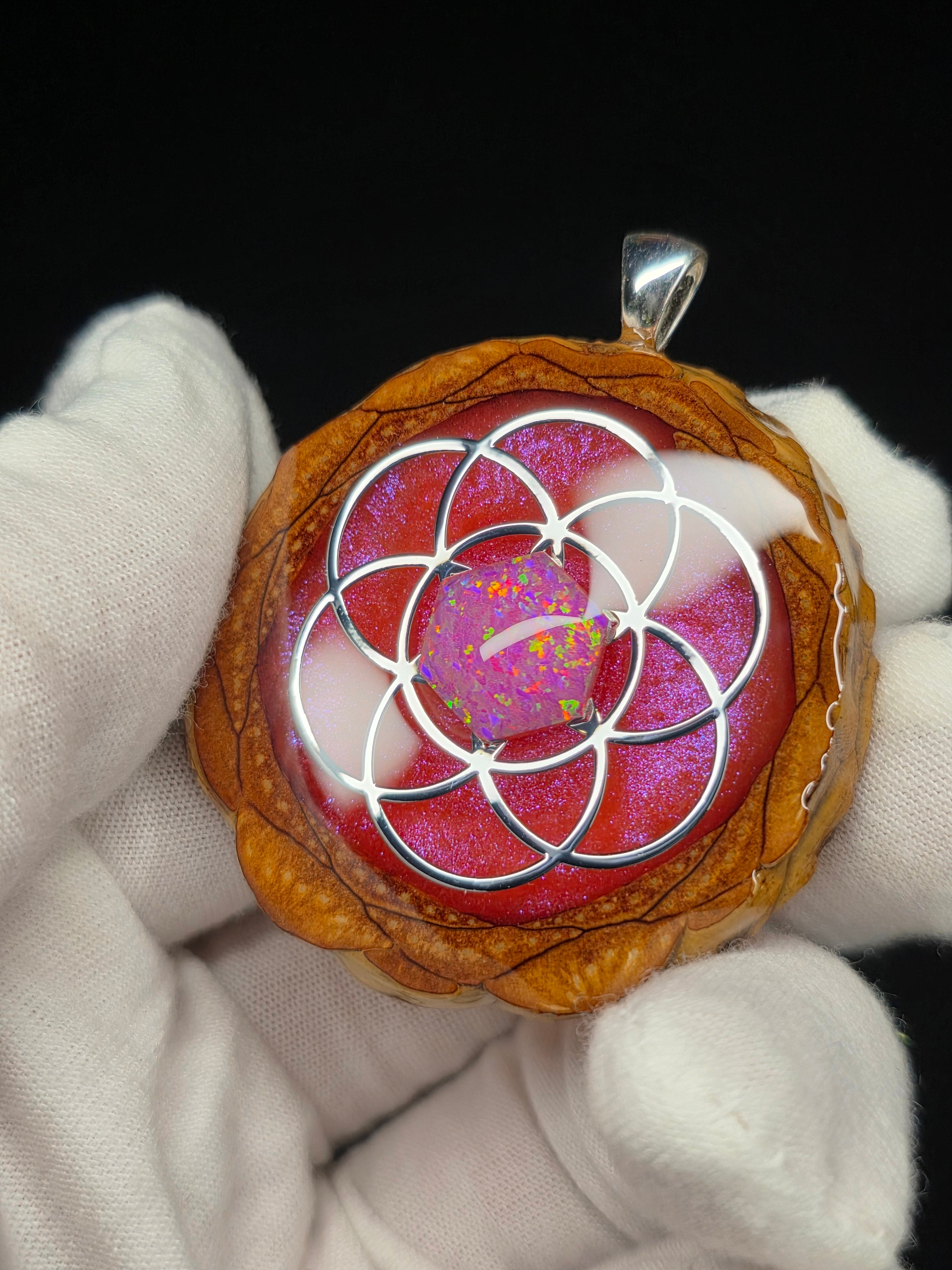 Large Knobcone Pinecone Seed Of Life W/ Bello Opal .925 Sterling Silver Bail