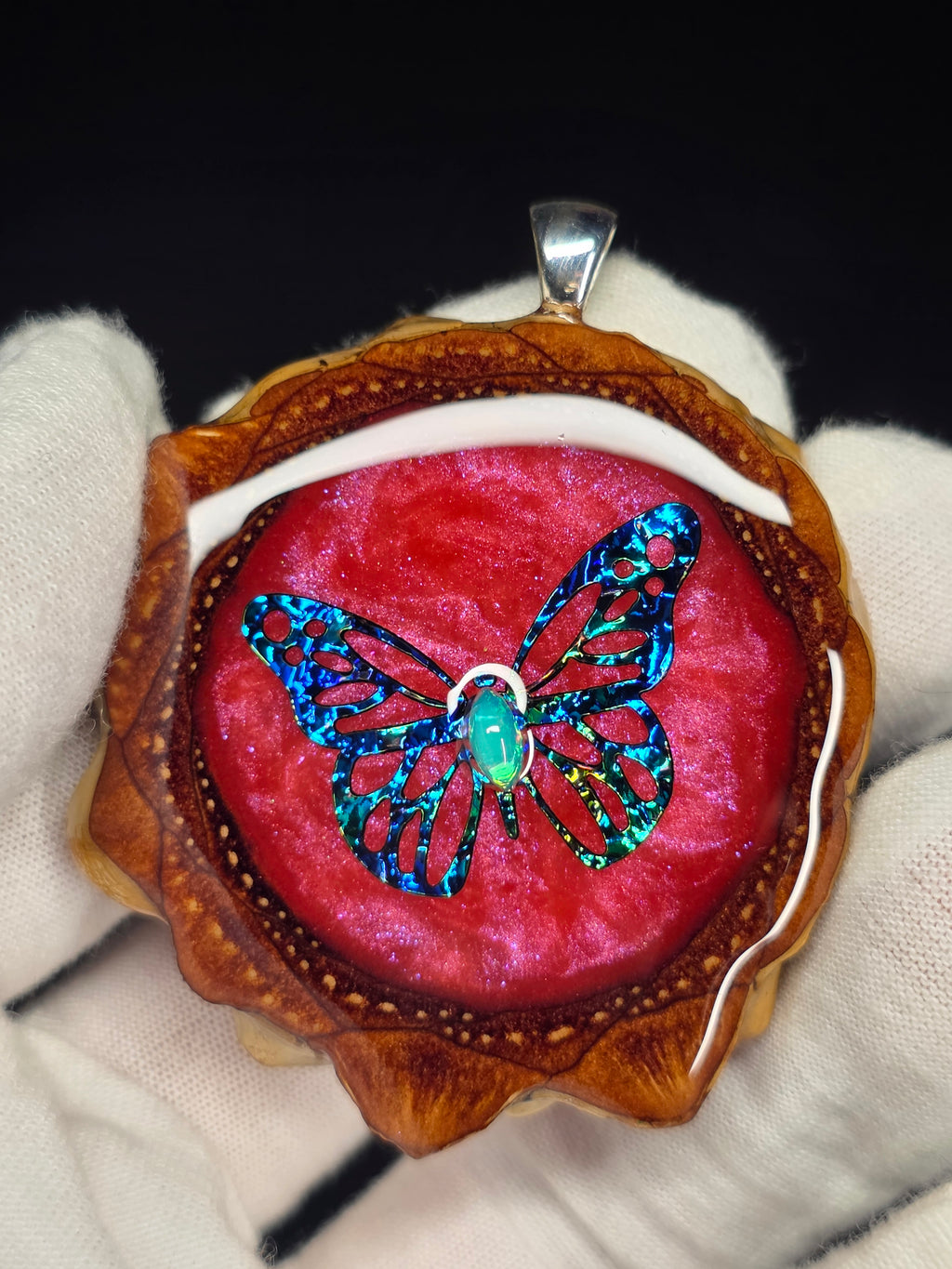 Large Knobcone Pinecone Butterfly W/ Ethiopian Opal .925 Sterling Silver Bail