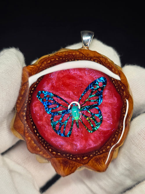 Large Knobcone Pinecone Butterfly W/ Ethiopian Opal .925 Sterling Silver Bail