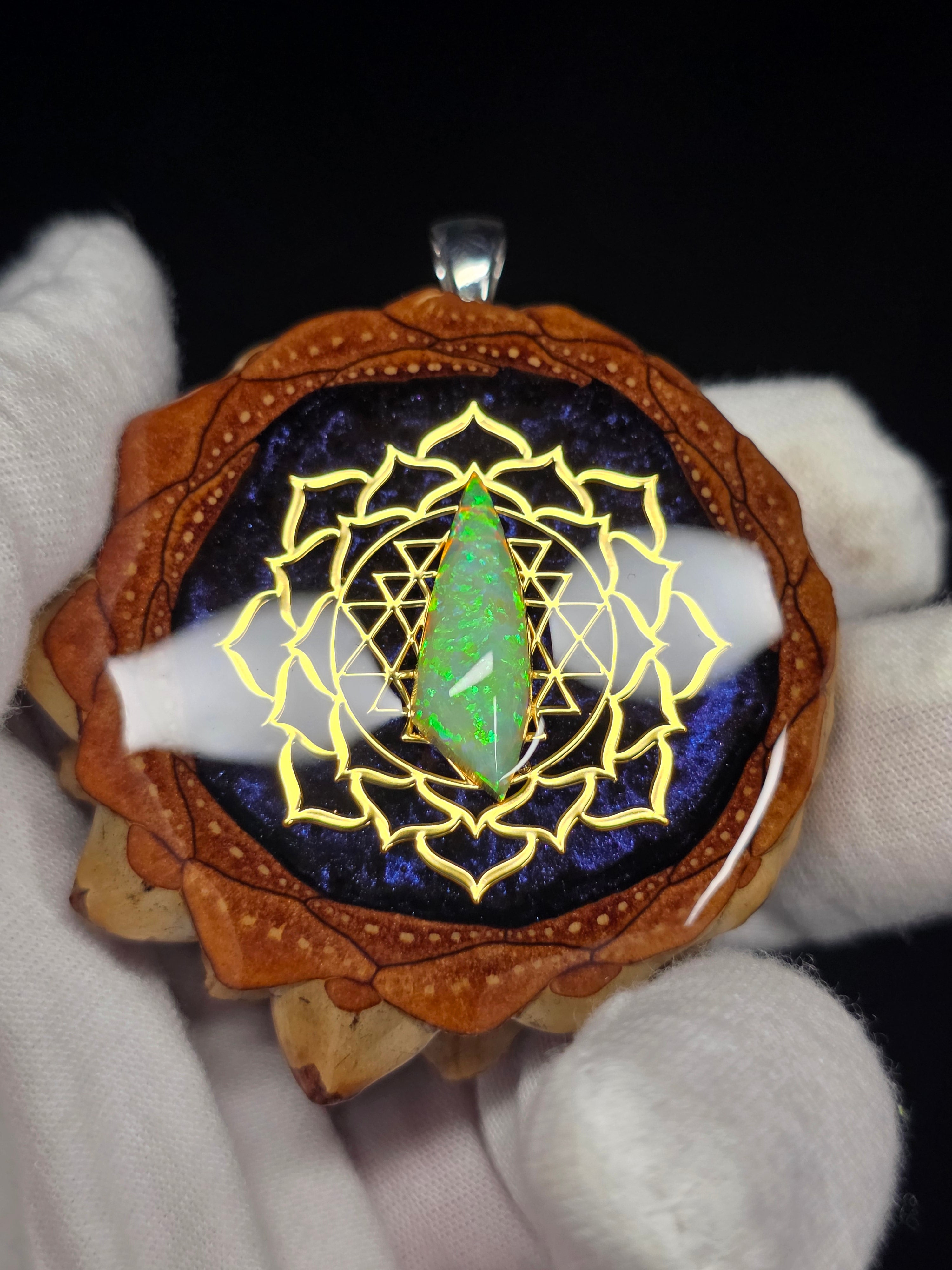 Large Knobcone Pinecone Sri Yantra Lotus  W/ Bello Opal .925 Sterling Silver Bail