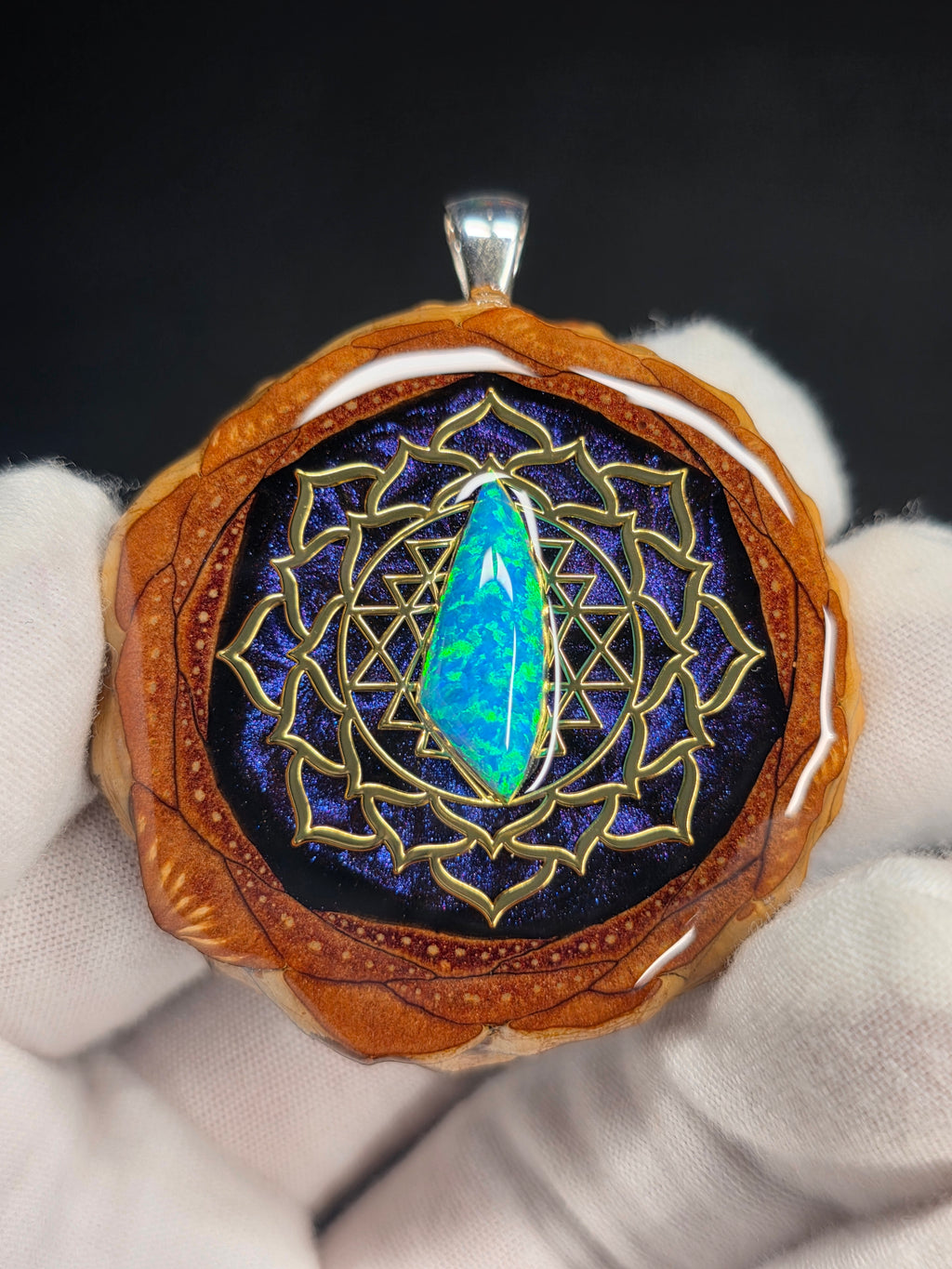 Large Knobcone Pinecone Sri Yantra Lotus W/ Bello Opal .925 Sterling Silver Bail
