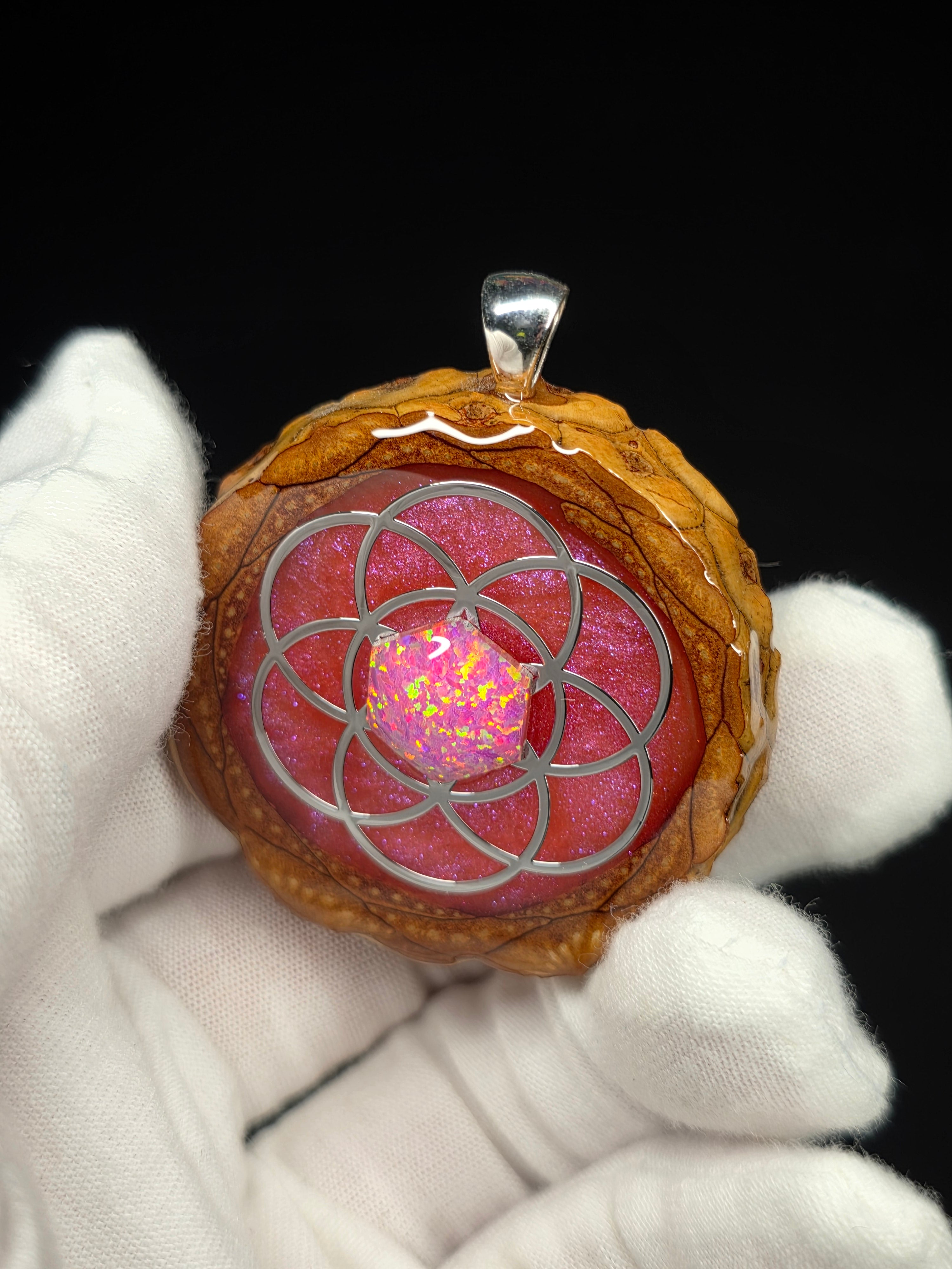 Large Knobcone Pinecone Seed Of Life W/ Bello Opal .925 Sterling Silver Bail
