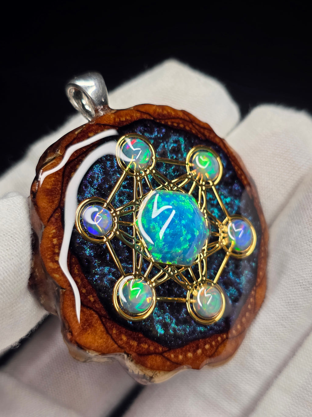 Large Knobcone Pinecone Metatrons Cube W/ Bello Opal hexagon/ Ethiopian Opal Accent .925 Sterling Silver Bail