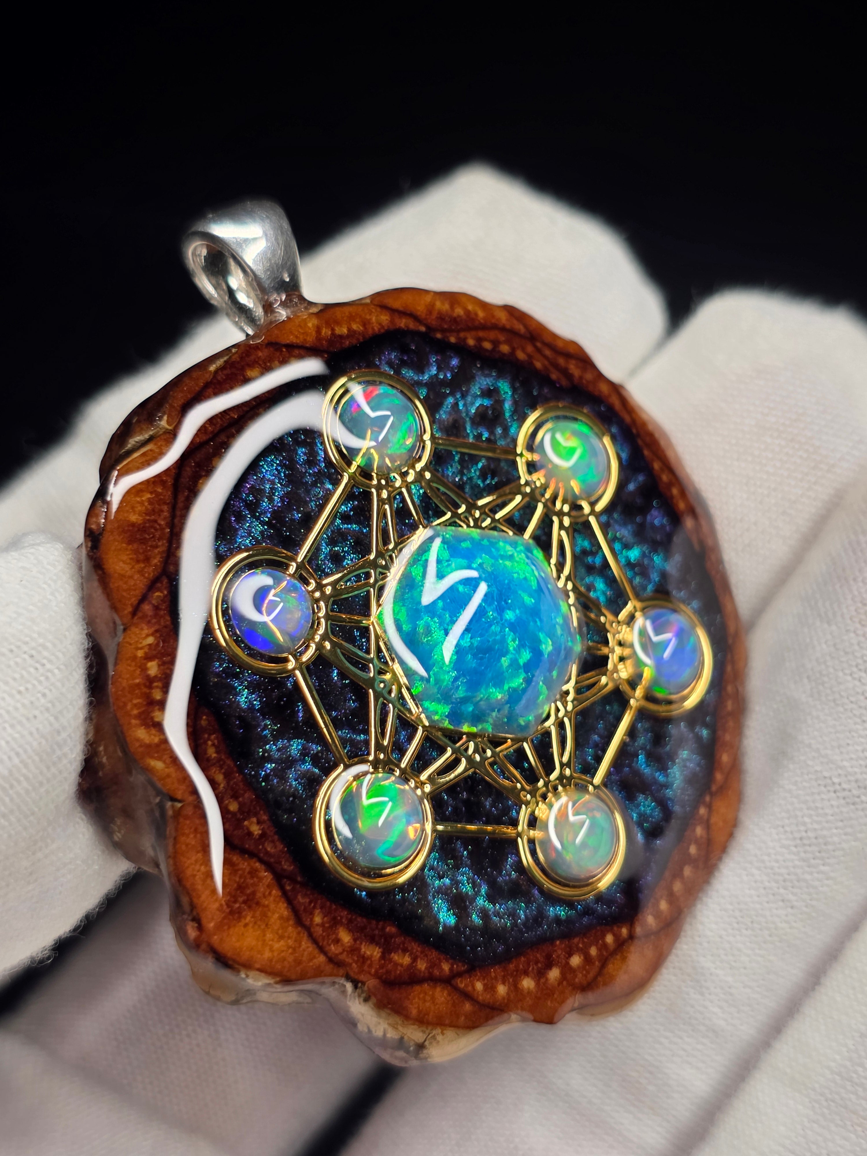 Large Knobcone Pinecone Metatrons Cube W/ Bello Opal hexagon/ Ethiopian Opal Accent .925 Sterling Silver Bail