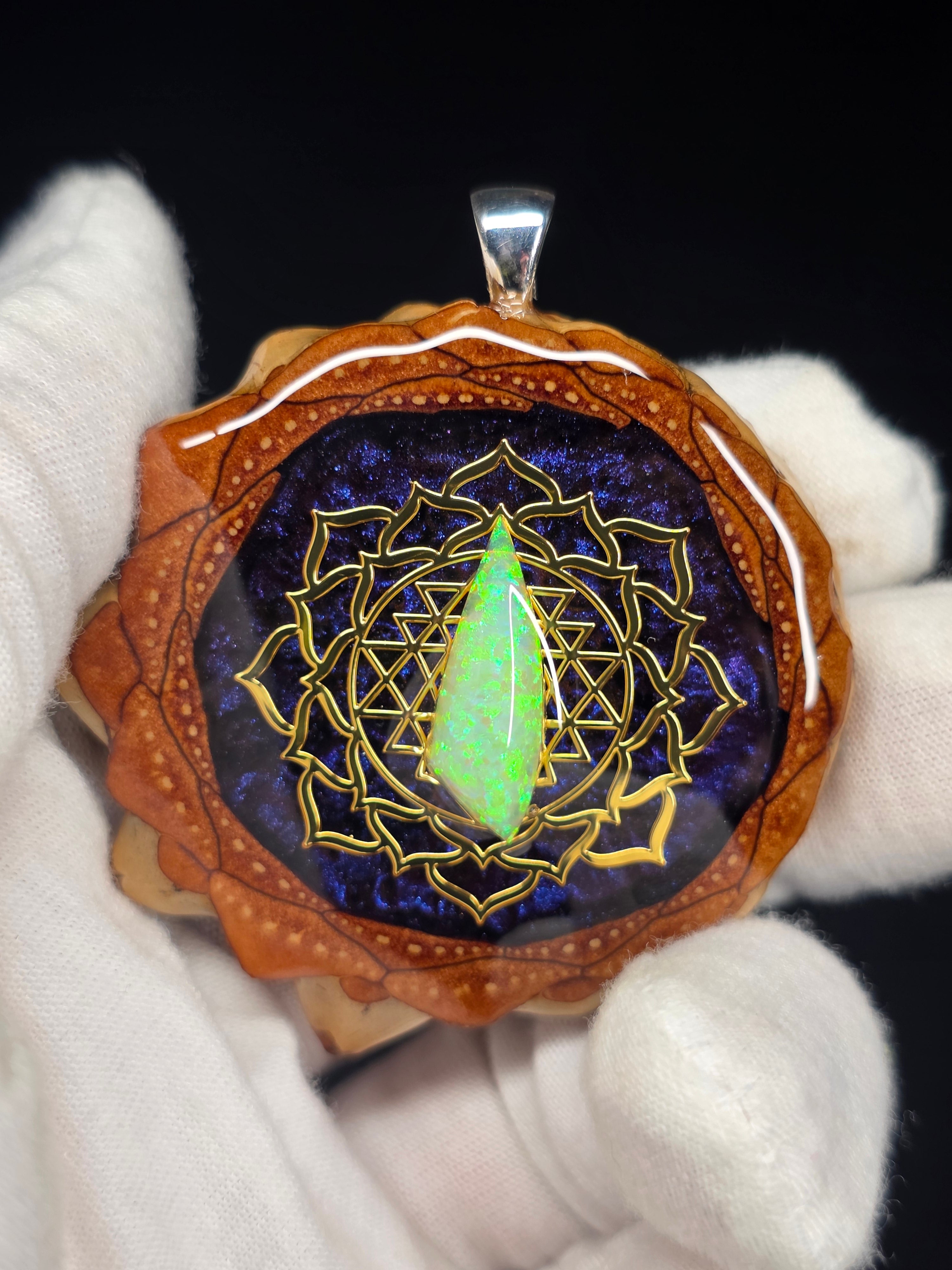 Large Knobcone Pinecone Sri Yantra Lotus  W/ Bello Opal .925 Sterling Silver Bail
