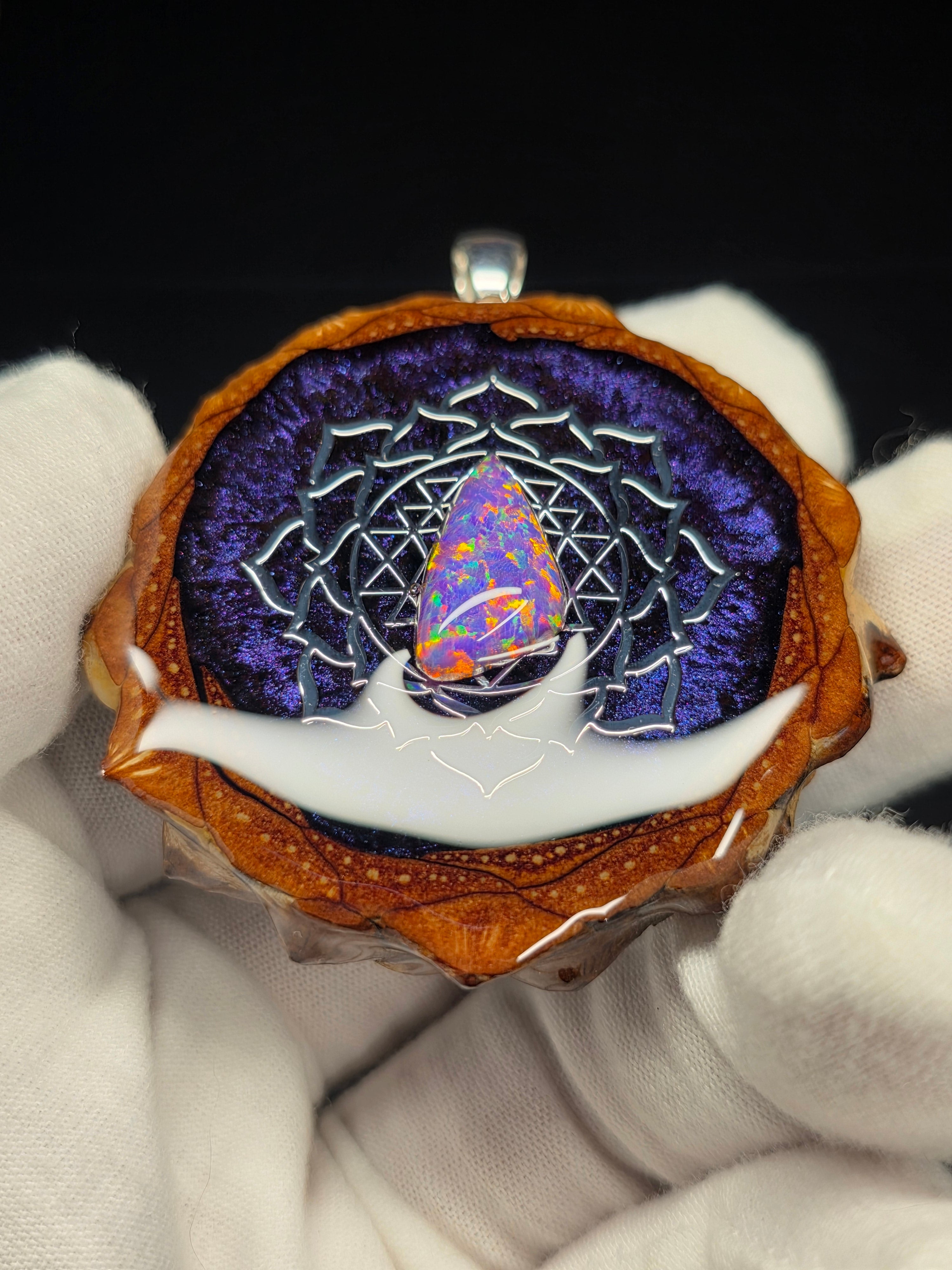Large Knobcone Pinecone Sri Yantra Lotus W/ Bello Opal .925 Sterling Silver Bail