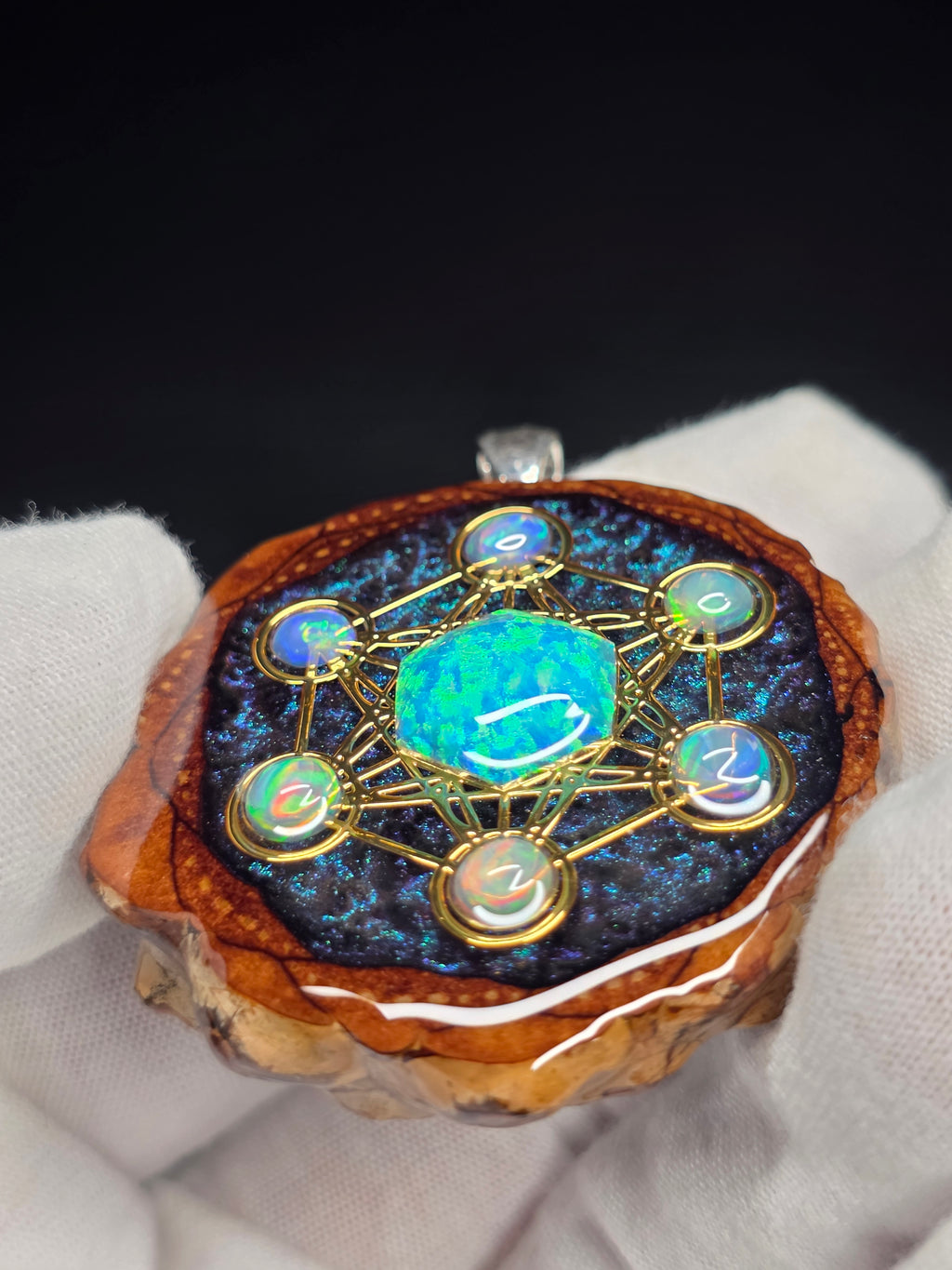 Large Knobcone Pinecone Metatrons Cube W/ Bello Opal hexagon/ Ethiopian Opal Accent .925 Sterling Silver Bail