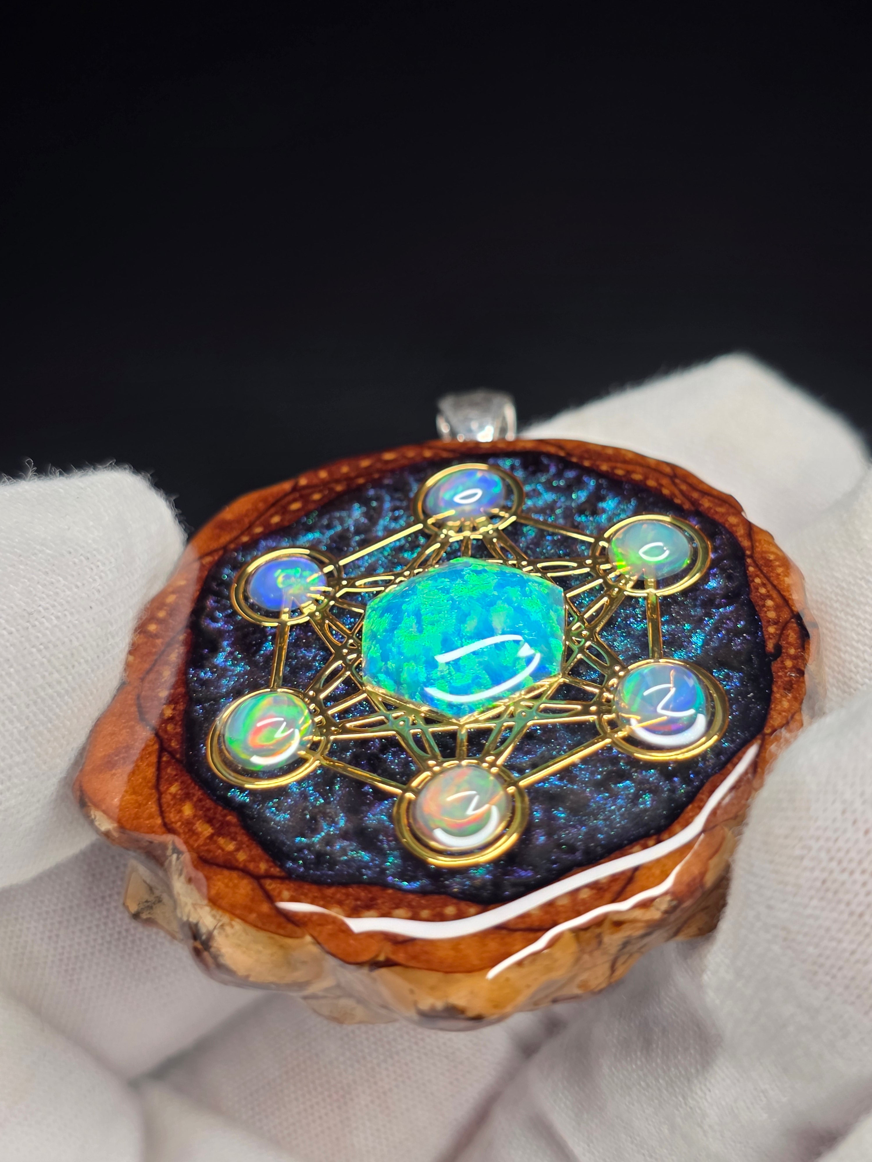 Large Knobcone Pinecone Metatrons Cube W/ Bello Opal hexagon/ Ethiopian Opal Accent .925 Sterling Silver Bail