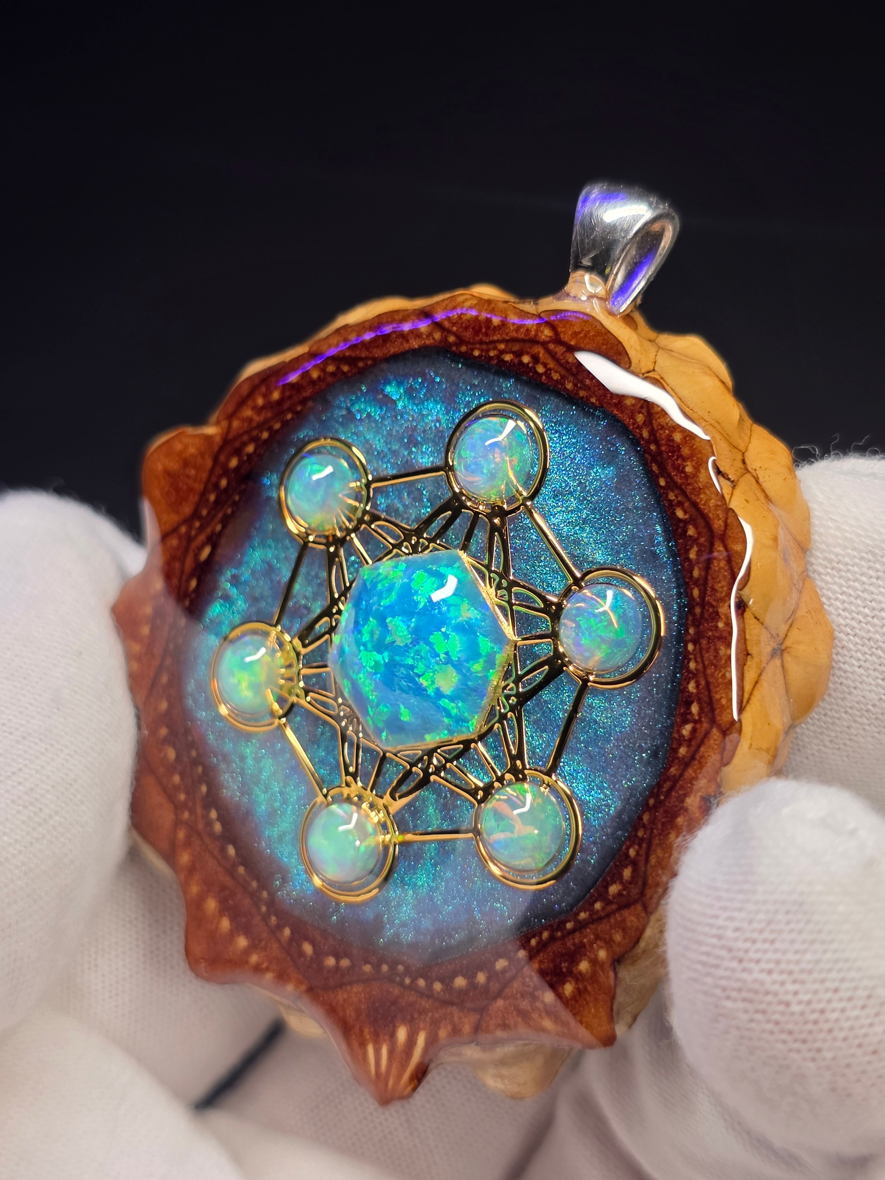 X-Large Knobcone Pinecone Metatrons Cube W/ Bello Opal hexagon/ Ethiopian Opal Accent .925 Sterling Silver Bail
