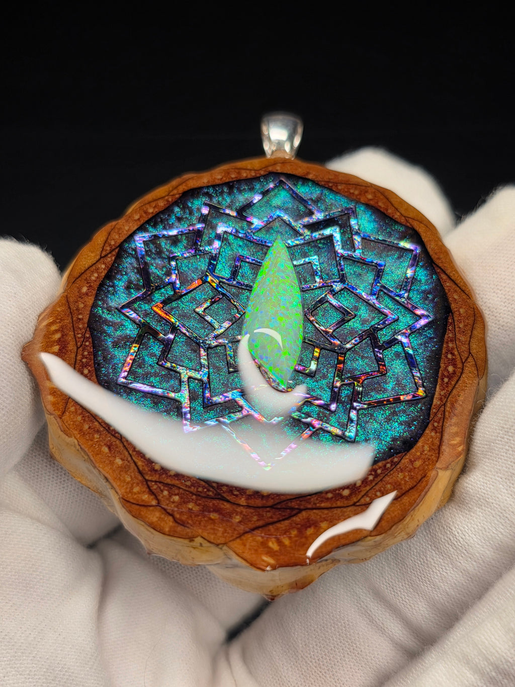 Large Knobcone Pinecone W/ Bello Opal & .925 Sterling Silver Bail