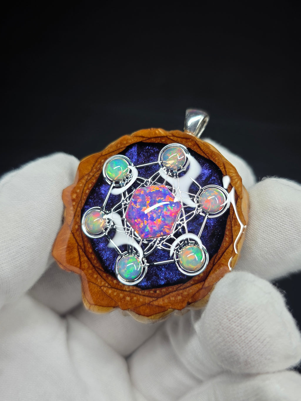 Large Knobcone Pinecone Metatrons Cube W/ Bello Opal hexagon/ Ethiopian Opal Accent .925 Sterling Silver Bail