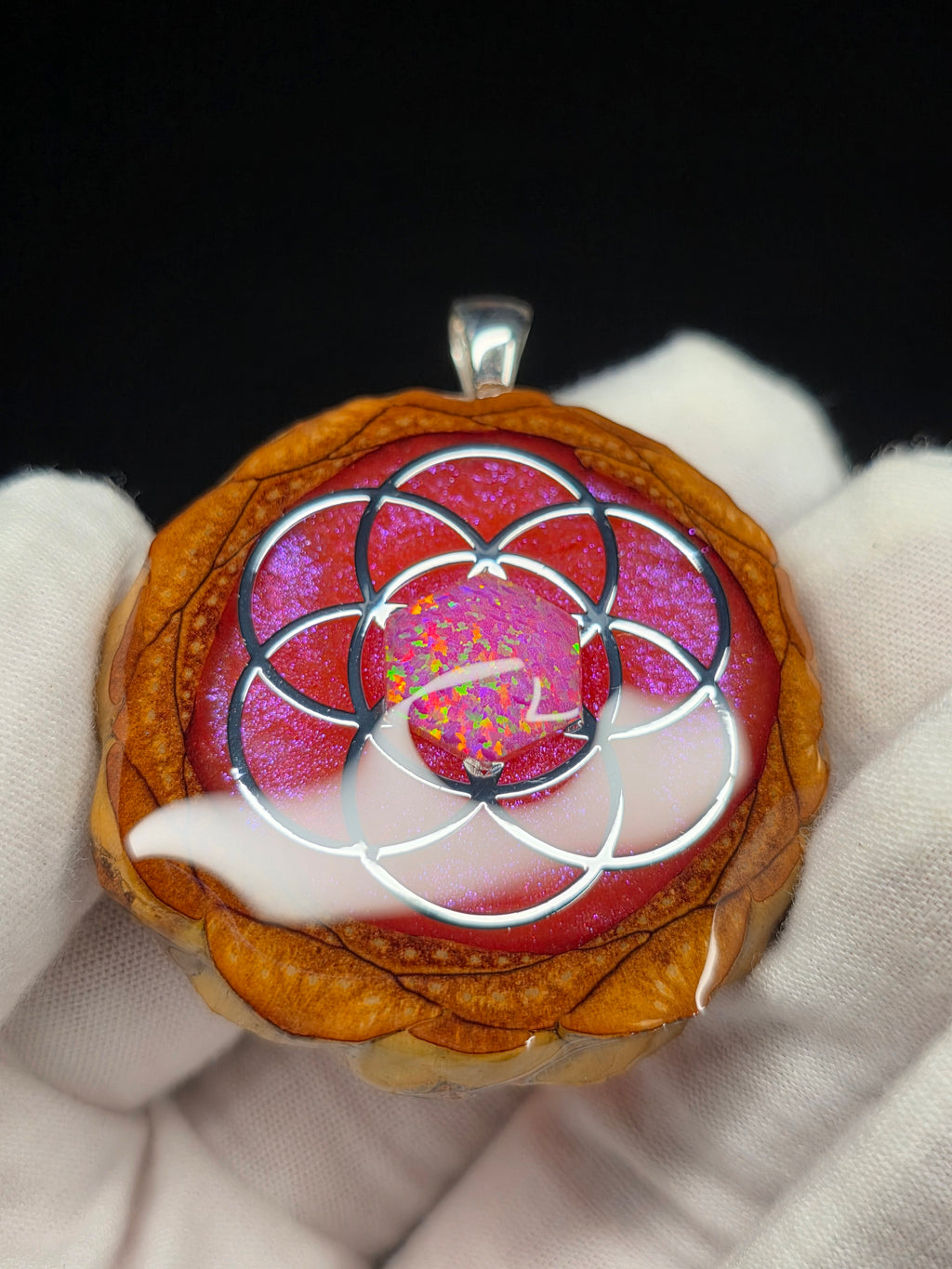 Large Knobcone Pinecone Seed Of Life W/ Bello Opal .925 Sterling Silver Bail