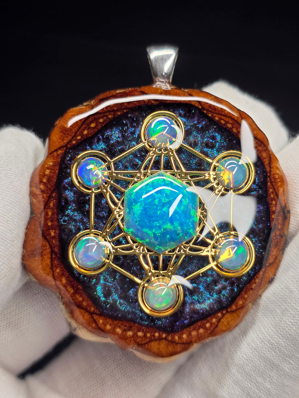Large Knobcone Pinecone Metatrons Cube W/ Bello Opal hexagon/ Ethiopian Opal Accent .925 Sterling Silver Bail