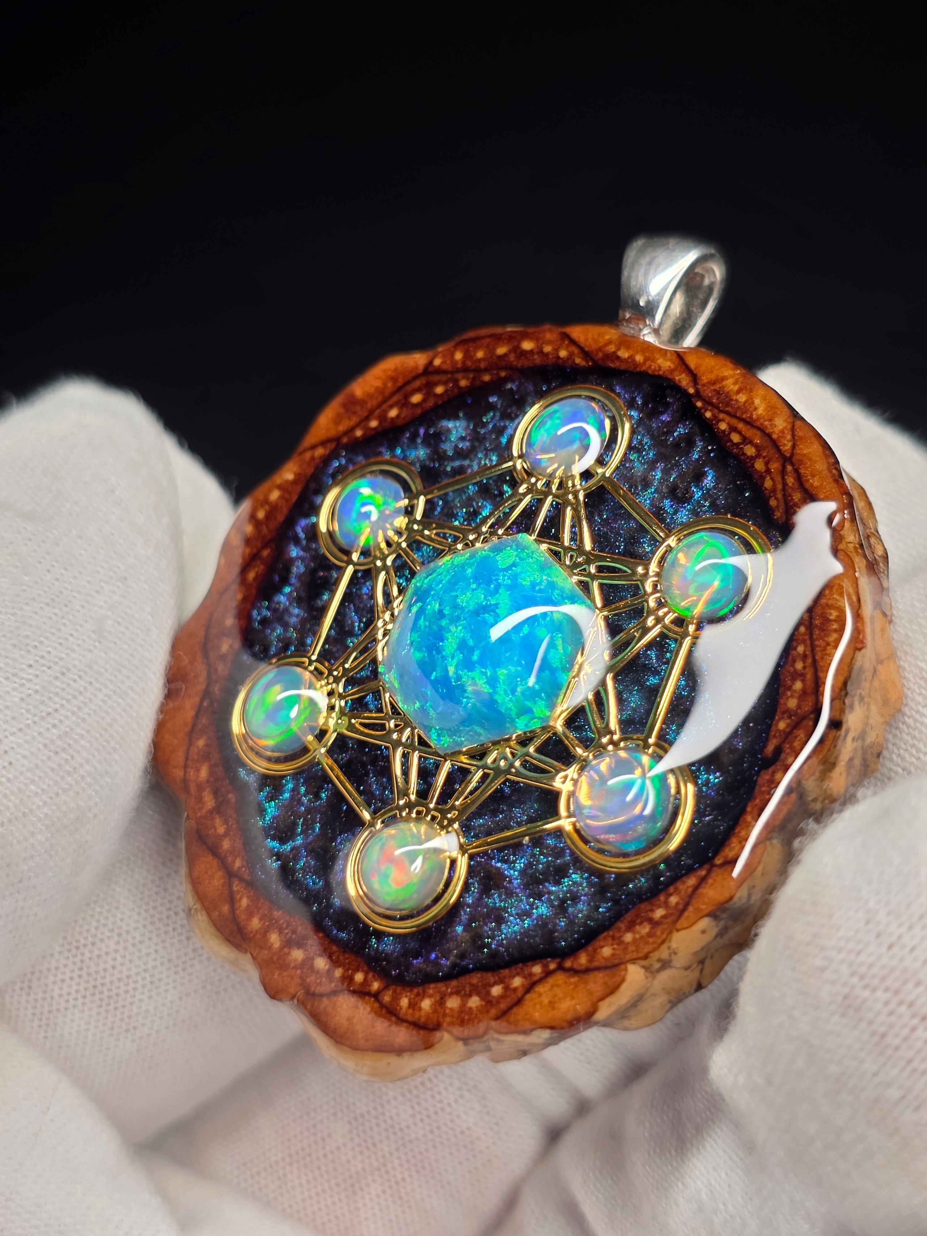 Large Knobcone Pinecone Metatrons Cube W/ Bello Opal hexagon/ Ethiopian Opal Accent .925 Sterling Silver Bail