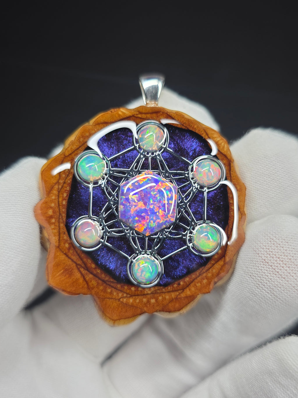 Large Knobcone Pinecone Metatrons Cube W/ Bello Opal hexagon/ Ethiopian Opal Accent .925 Sterling Silver Bail