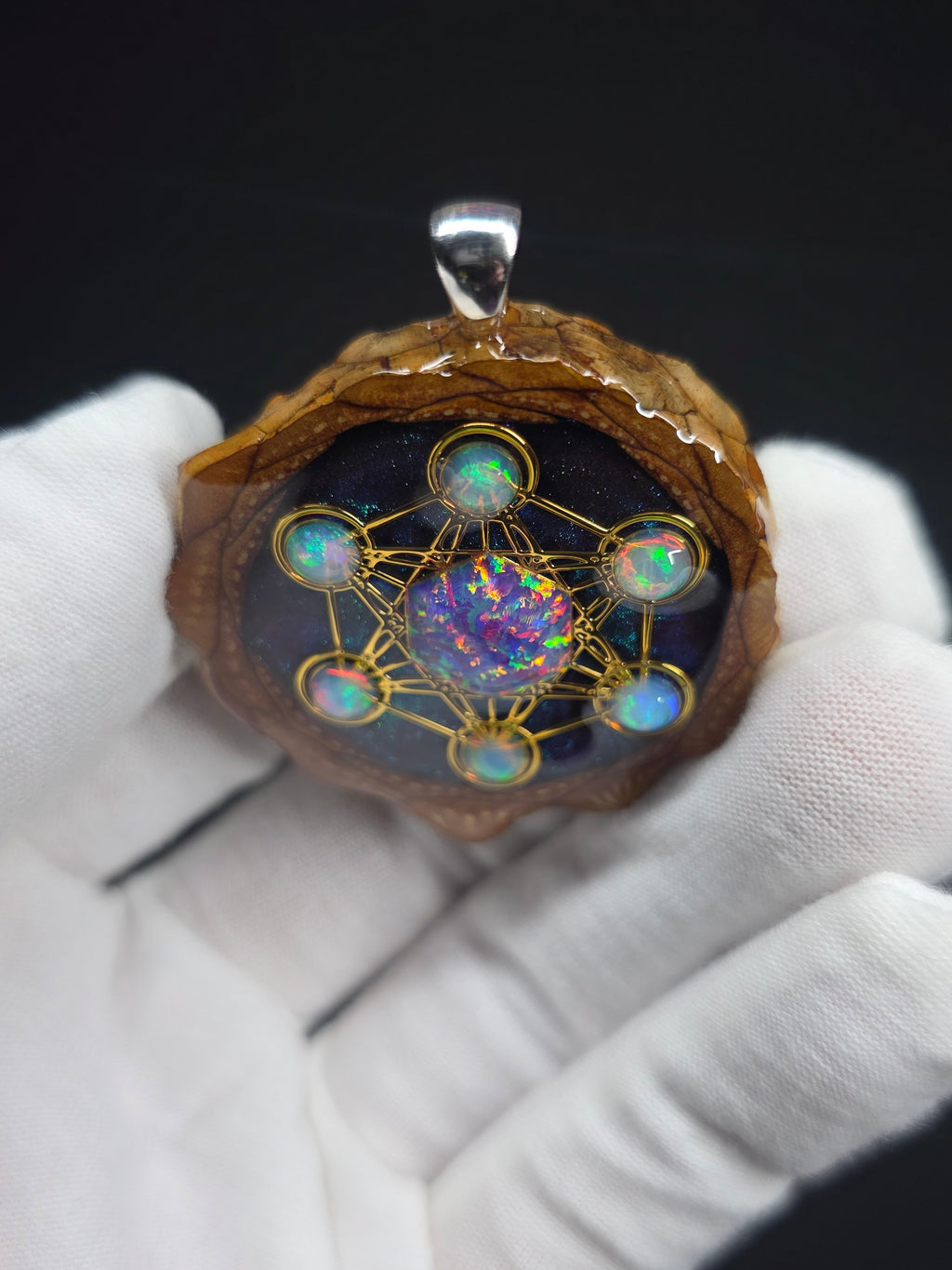 Large Knobcone Pinecone Metatrons Cube W/ Bello Opal hexagon/ Ethiopian Opal Accent .925 Sterling Silver Bail