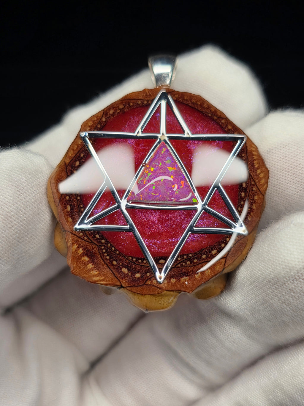 Medium Small Knobcone Pinecone Merkaba W/ Bello Opal & .925 Sterling Silver Bail