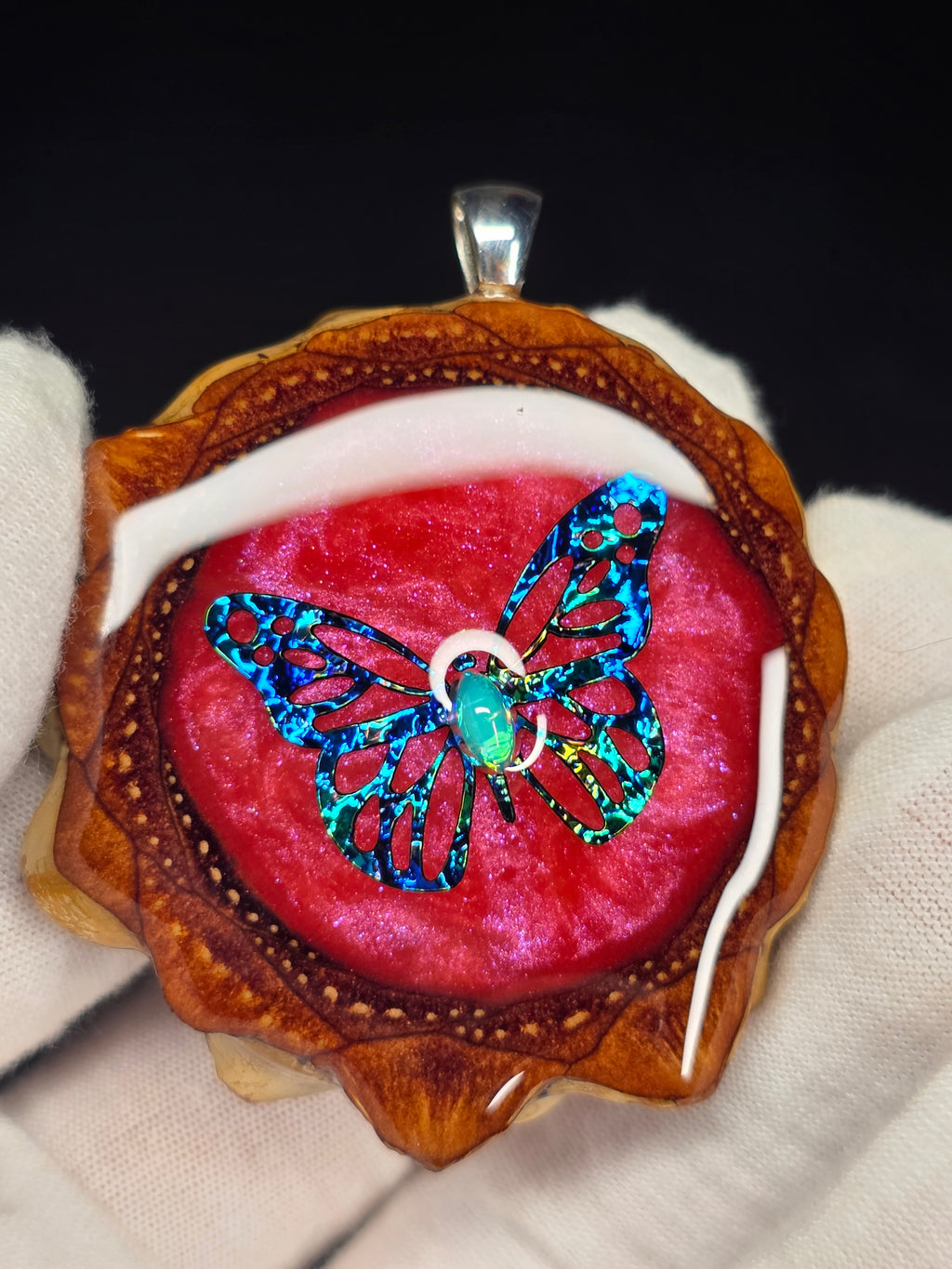 Large Knobcone Pinecone Butterfly W/ Ethiopian Opal .925 Sterling Silver Bail