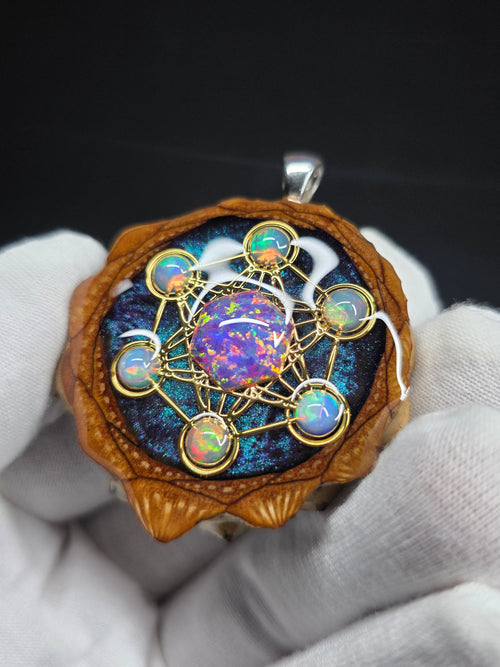 Large Knobcone Pinecone Metatrons Cube W/ Bello Opal hexagon/ Ethiopian Opal Accent .925 Sterling Silver Bail