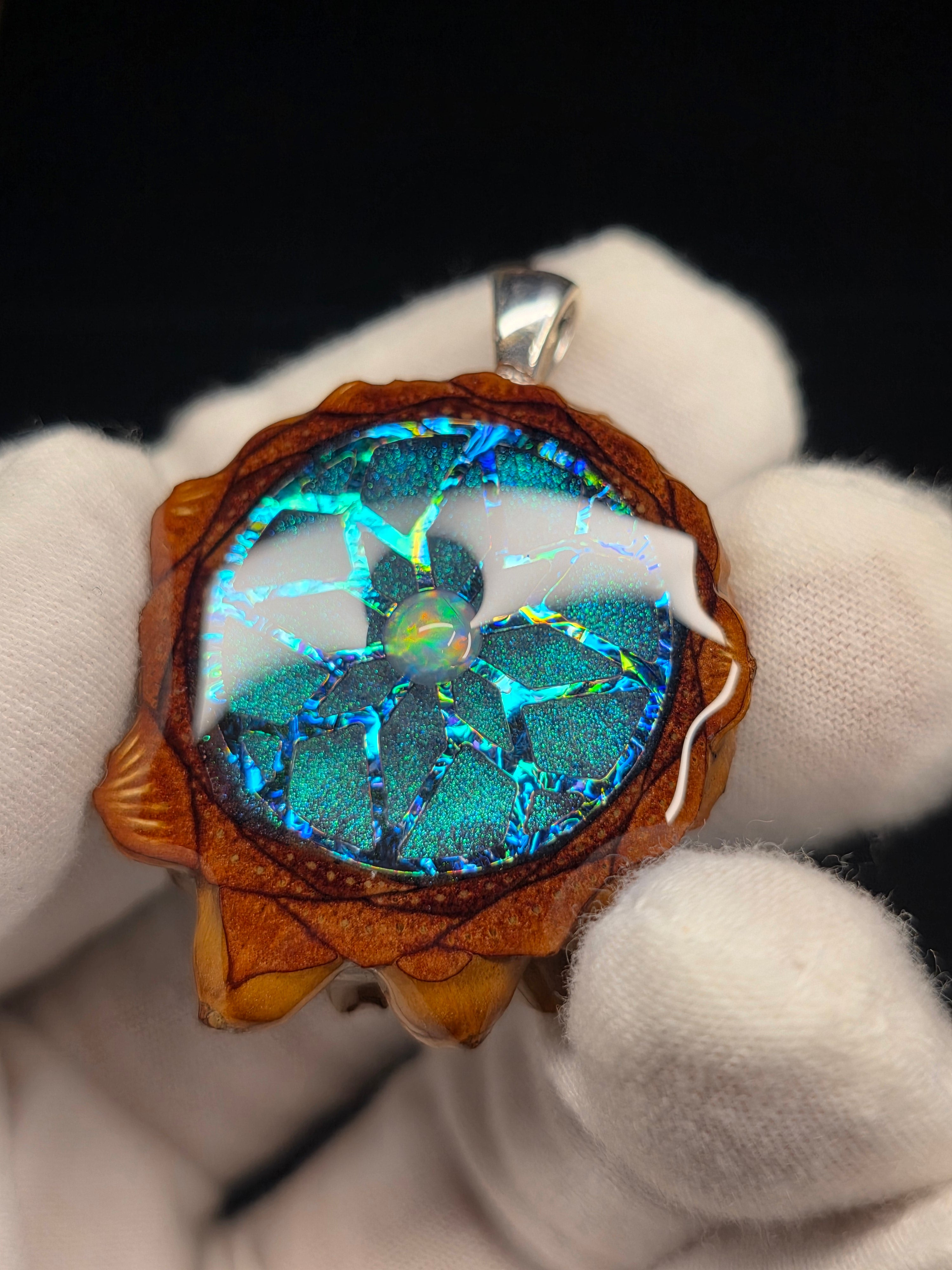 Small Knobcone Pinecone W/ Ethiopian Opal .925 Sterling Silver Bail