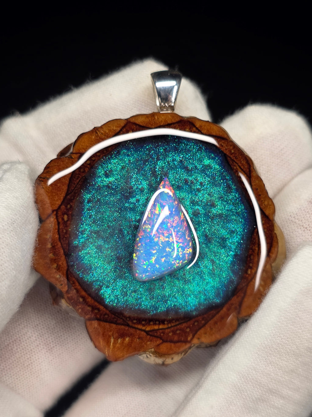 Medium Knobcone Pinecone W/ Bello Opal .925 Sterling Silver Bail