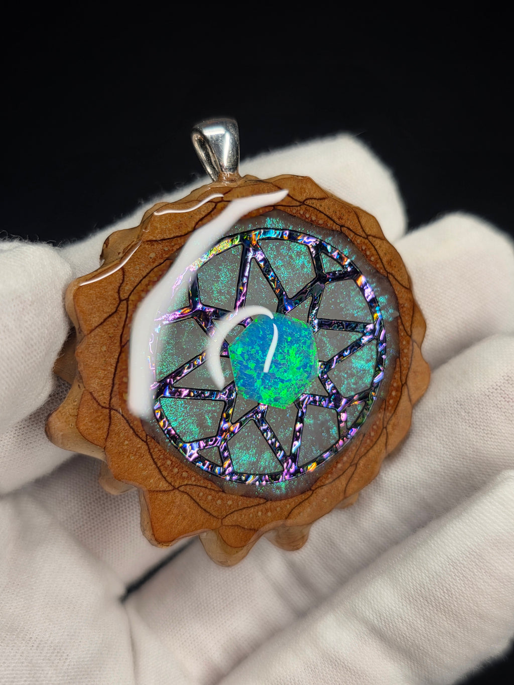 (GLOW) Large Knobcone Pinecone W/ Bello Opal .925 Sterling Silver Bail