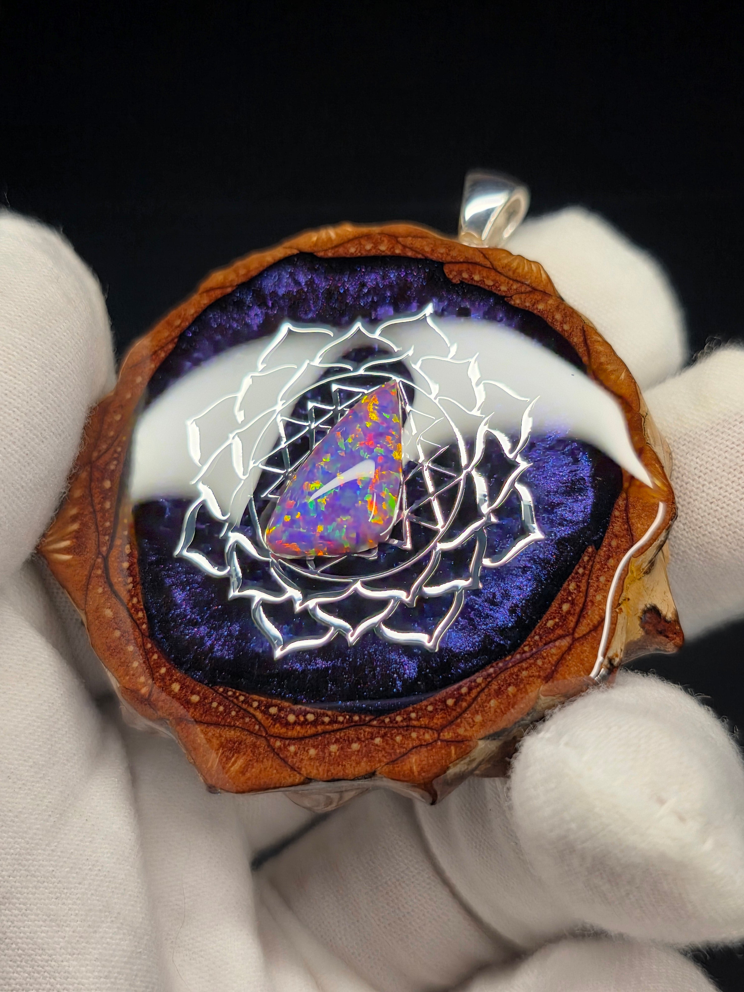 Large Knobcone Pinecone Sri Yantra Lotus W/ Bello Opal .925 Sterling Silver Bail