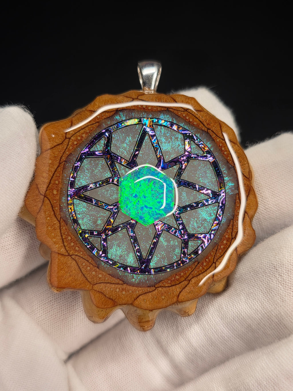 (GLOW) Large Knobcone Pinecone W/ Bello Opal .925 Sterling Silver Bail