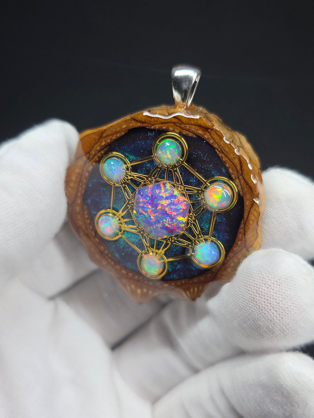 Large Knobcone Pinecone Metatrons Cube W/ Bello Opal hexagon/ Ethiopian Opal Accent .925 Sterling Silver Bail