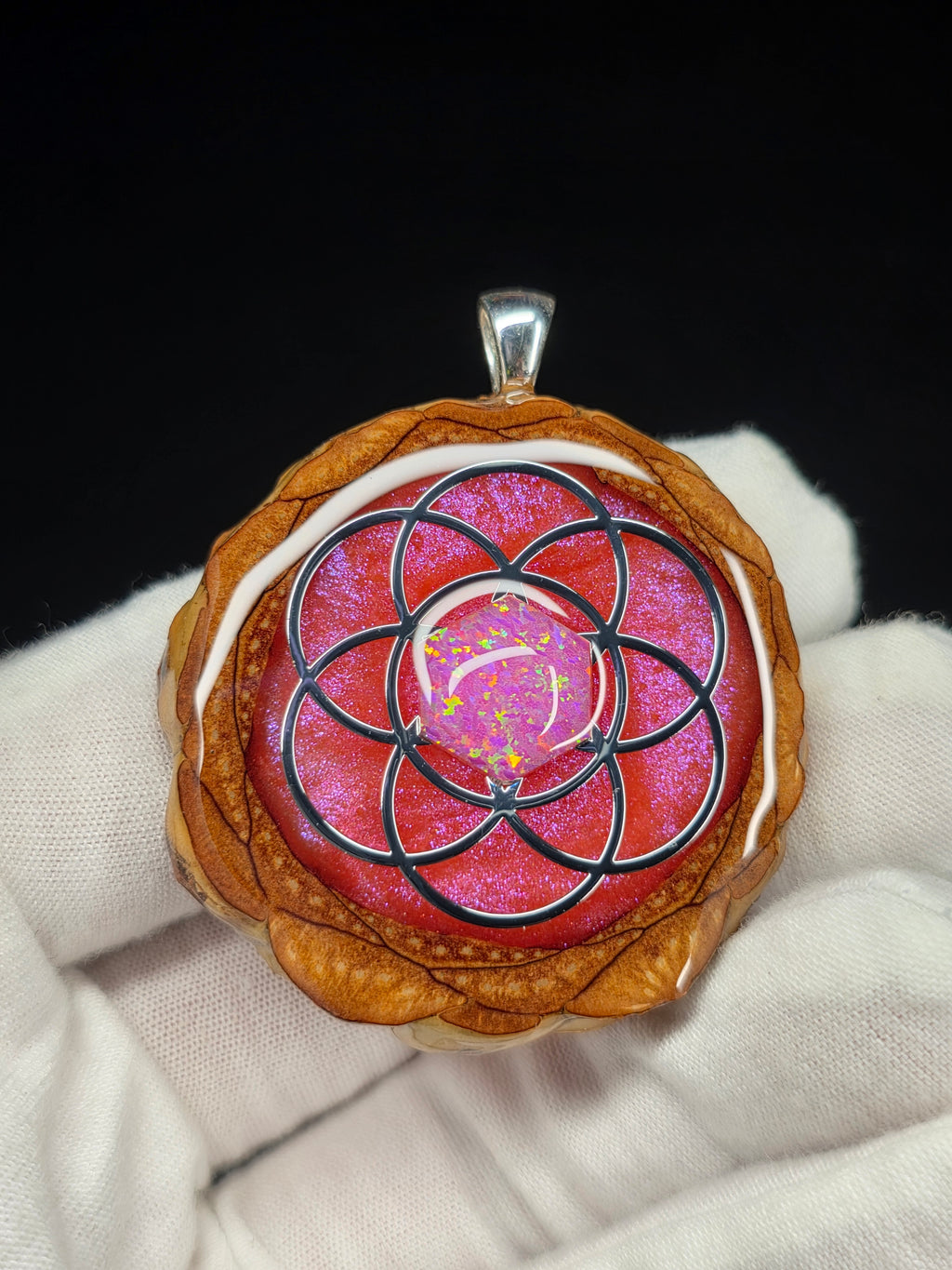 Large Knobcone Pinecone Seed Of Life W/ Bello Opal .925 Sterling Silver Bail