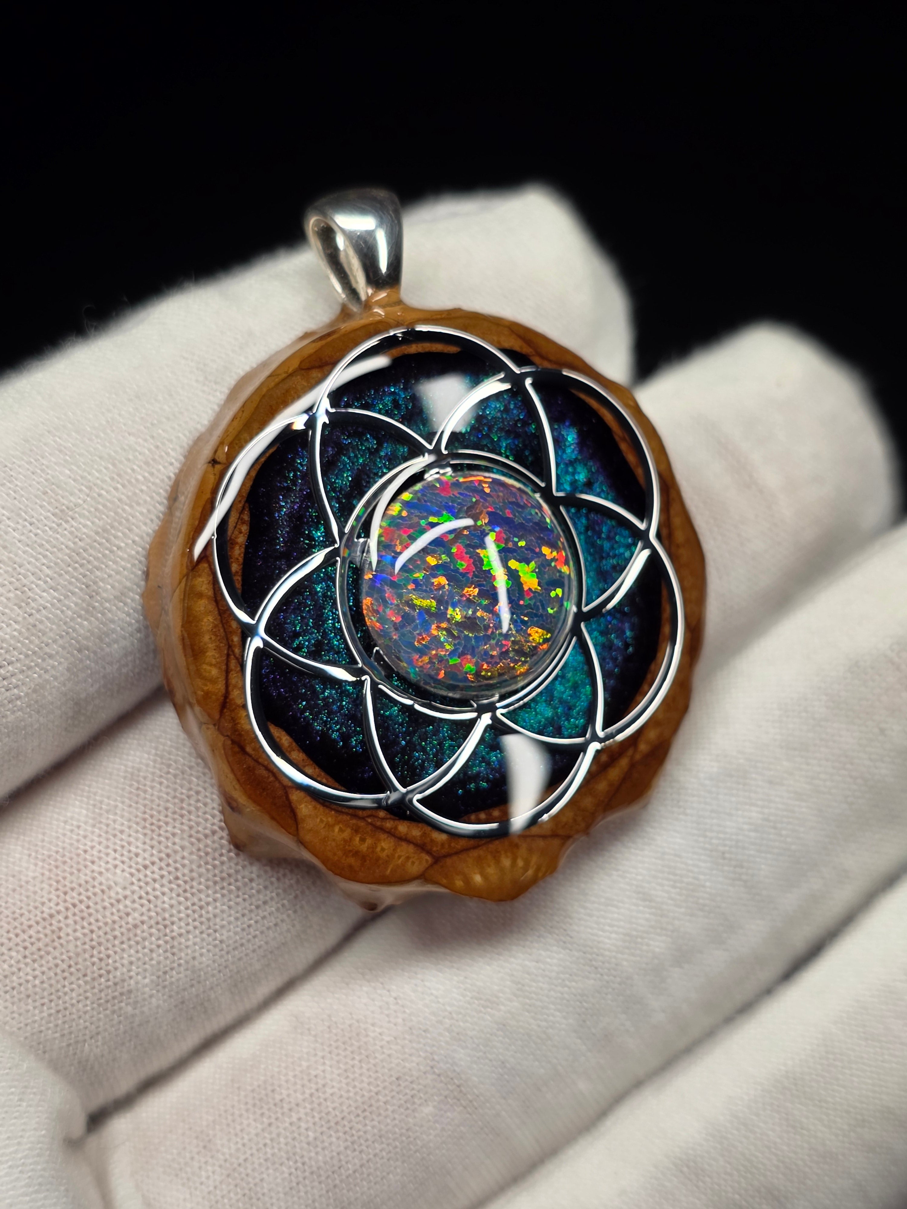 Medium Knobcone Pinecone Seed Of Life W/ Bello Opal .925 Sterling Silver Bail
