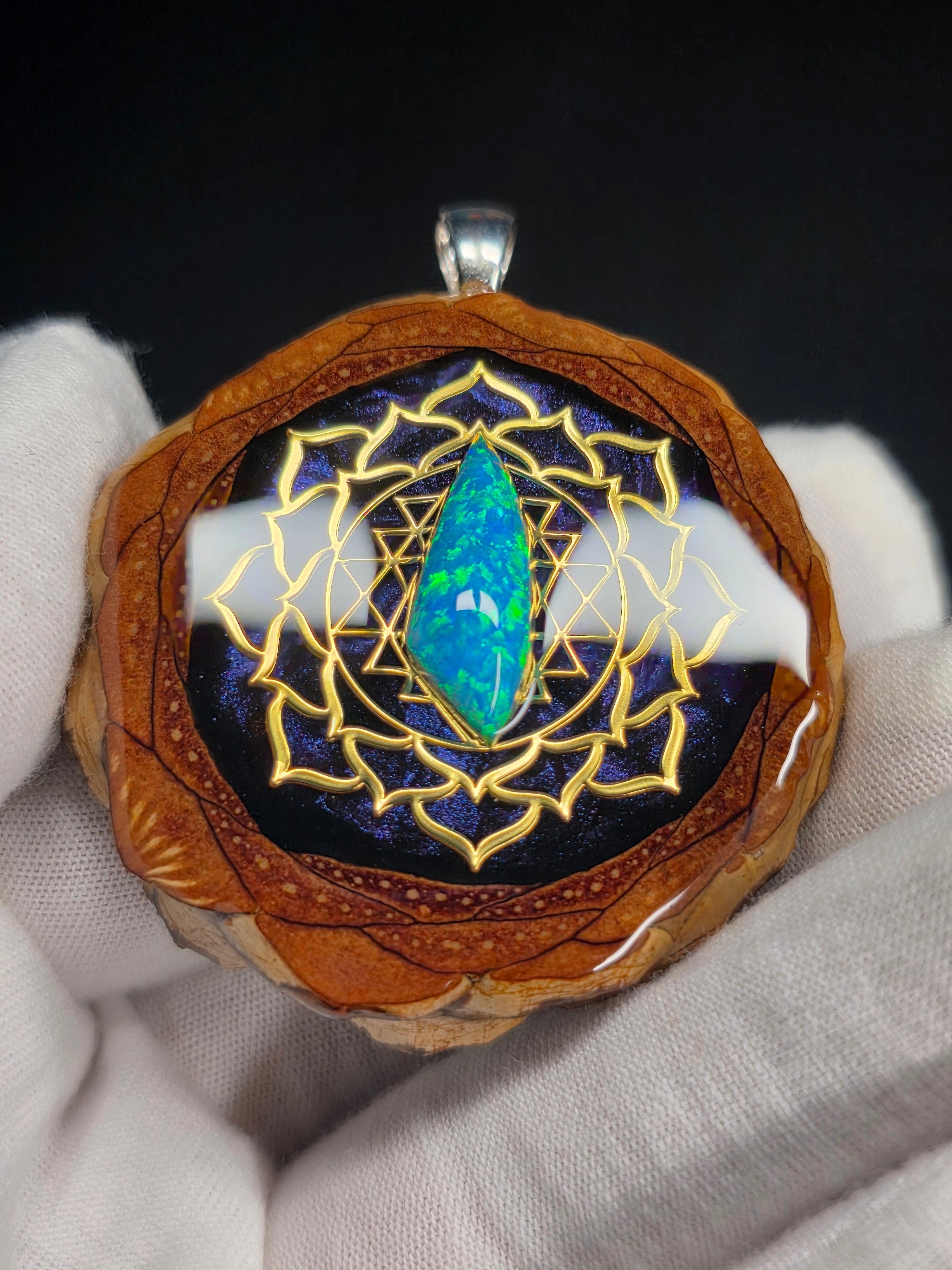 Large Knobcone Pinecone Sri Yantra Lotus W/ Bello Opal .925 Sterling Silver Bail