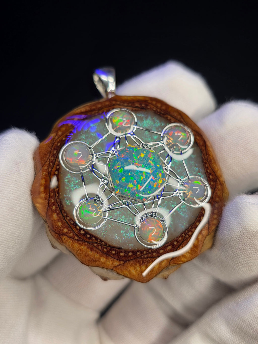 (GLOW)Large Knobcone Pinecone Metatrons Cube W/ Bello Opal hexagon/ Ethiopian Opal Accent .925 Sterling Silver Bail